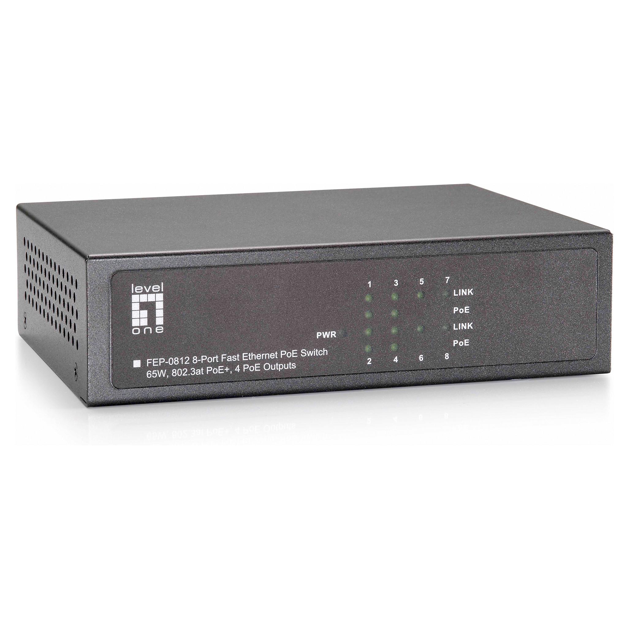 LevelOne FEP-0812 8-port Fast Ethernet PoE-switch med 4 PoE-udgange og 65 W