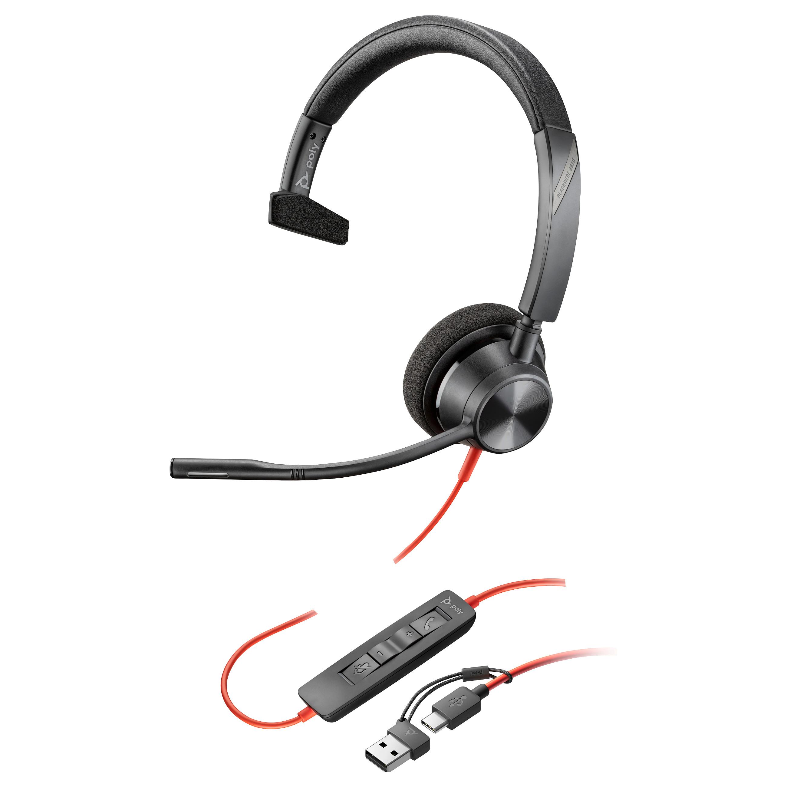 Mono headset HP Poly Blackwire 3310 USB-C med USB-C/A-adapter - sort