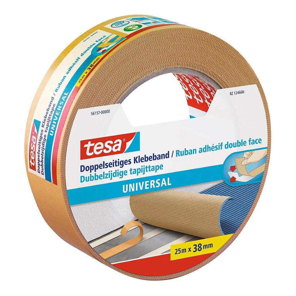 tesa Doppelseitiges Klebeband universal, 38 mm x 25 m sichere und dauerhafte Verklebung, von Hand einreiAzbar,