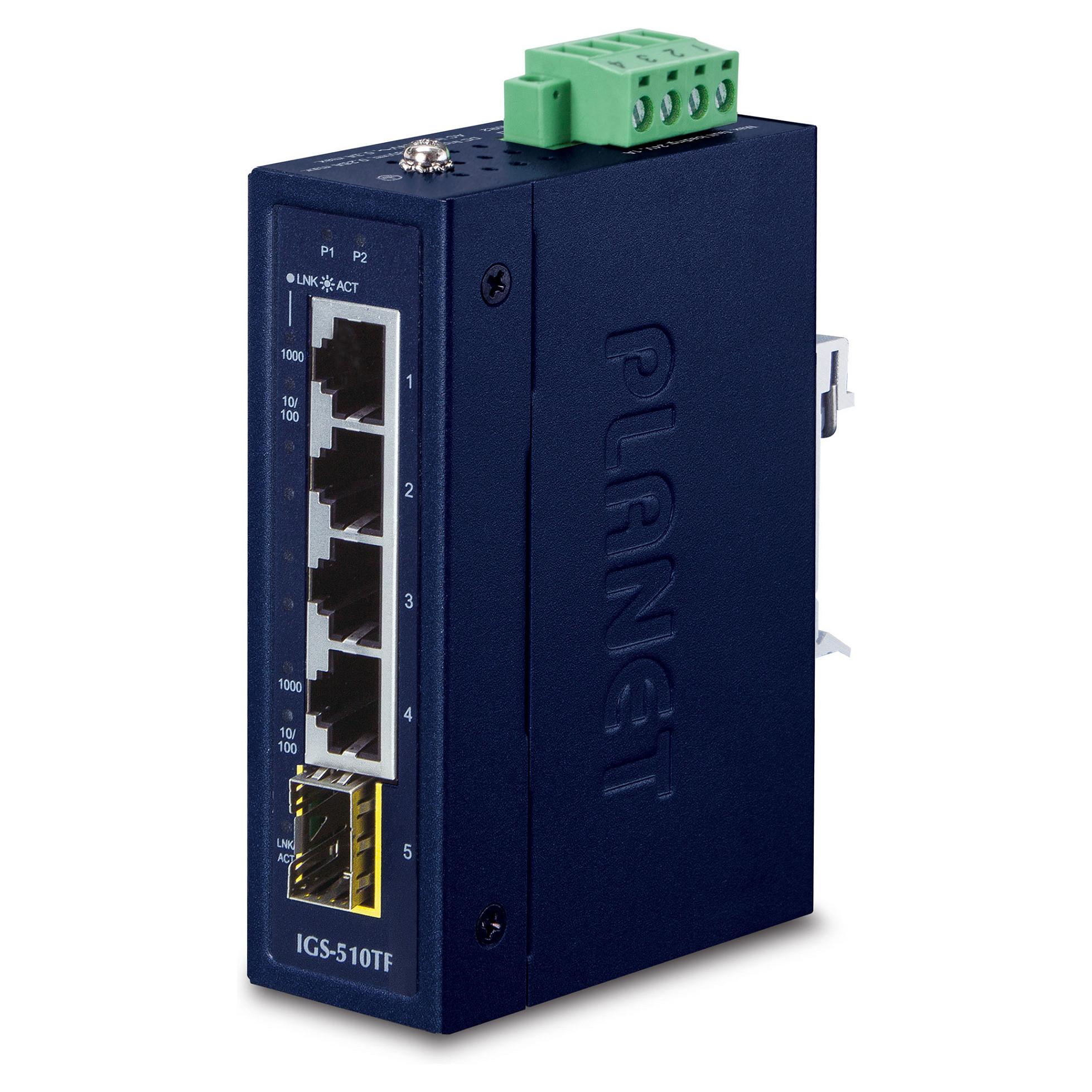 Planet IGS-510TF unmanaged Gigabit switch med 4 x RJ45, 1 x SFP, DIN-skinne og vægmontering