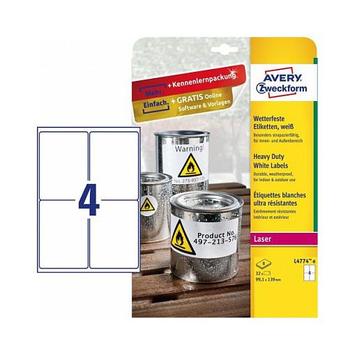 Avery Zweckform L4774 - Polyester - mat - permanent klæbemiddel - belagt - hvid - 99.1 x 139 mm 32 etikette(r) (8 ark x 4 etiketter