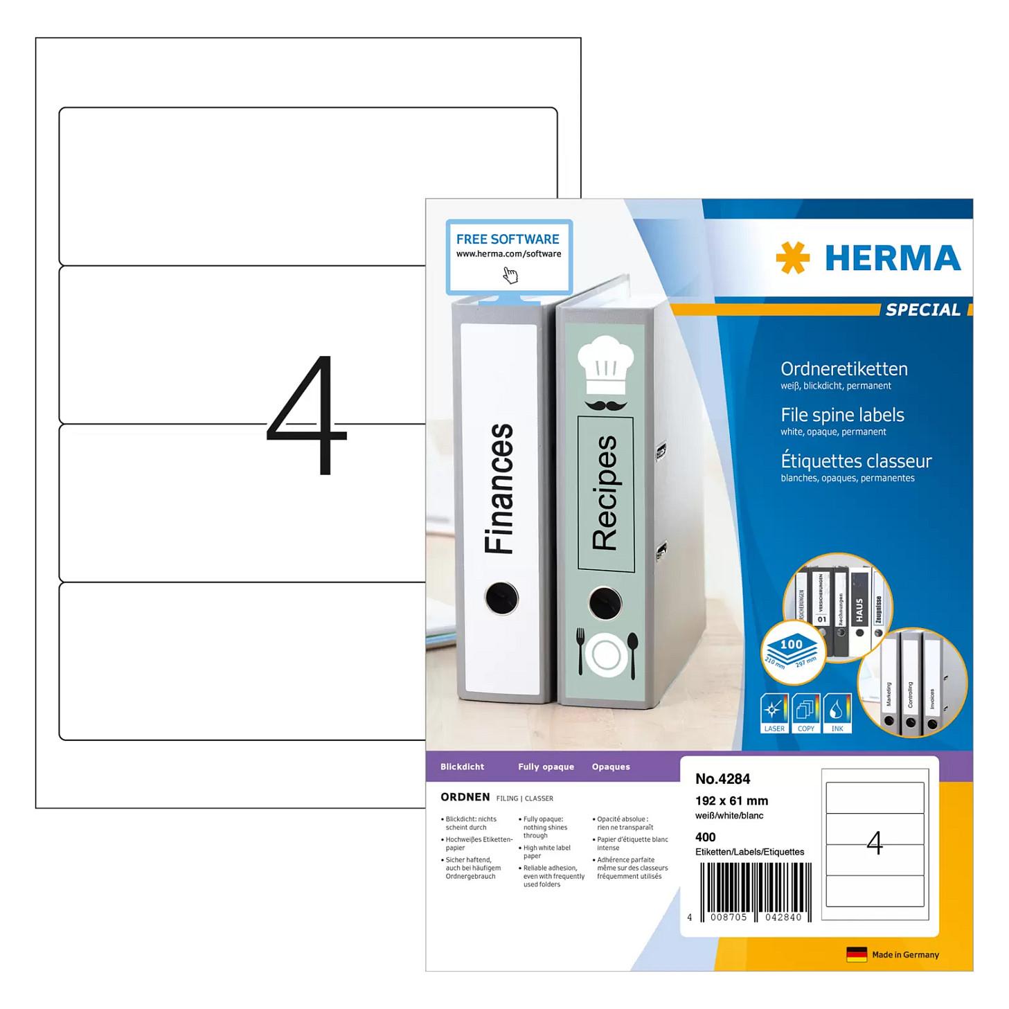 HERMA Special - Papir - mat - permanent selvklæbende - hvid - 192 x 61 mm 400 etikette(r) (100 ark x 4) uigennemsigtige mappemærkater