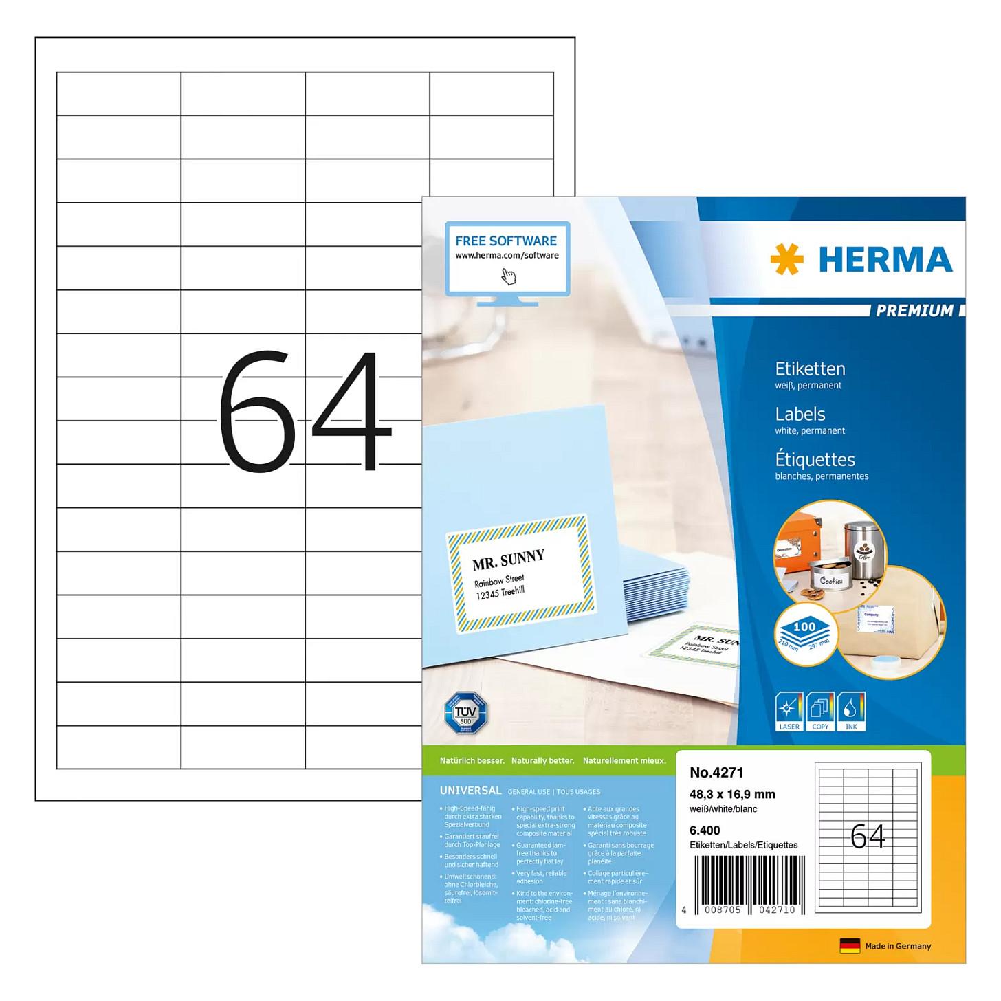 HERMA Premium - Papir - mat - permanent selvklæbende - hvid - 48.3 x 16.9 mm 6400 etikette(r) (100 ark x 64) laminerede etiketter