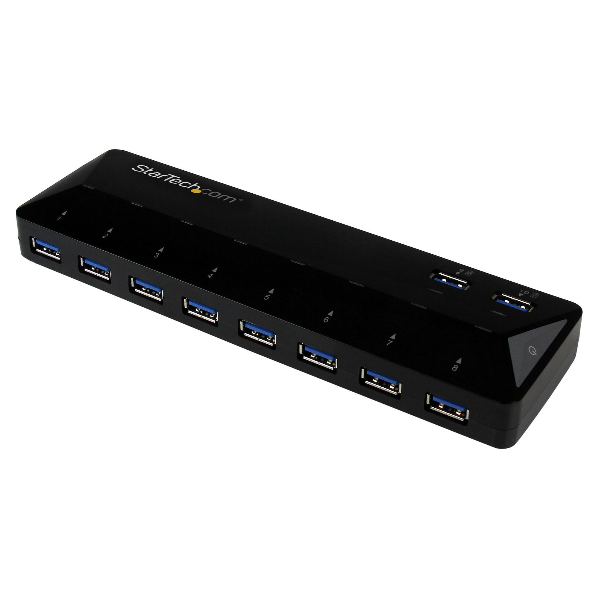 Startech 10 Port USB 3.0 Hub with Charge & Sync Ports - 8 x USB-A, 2 x USB-A Fast Charge Ports - Multi Port Powered USB Hub (ST103008U2C) - USB sharing switch til periferiudstyr - 10 x SuperSpeed USB 3.0 - desktop - for P/N: DKWG30DPHPD, DKWG30DPHPDU, TB33A1C, USB312SAT3CB, USB315CB2M, USBLTM1MBK, USBLTM1MWH