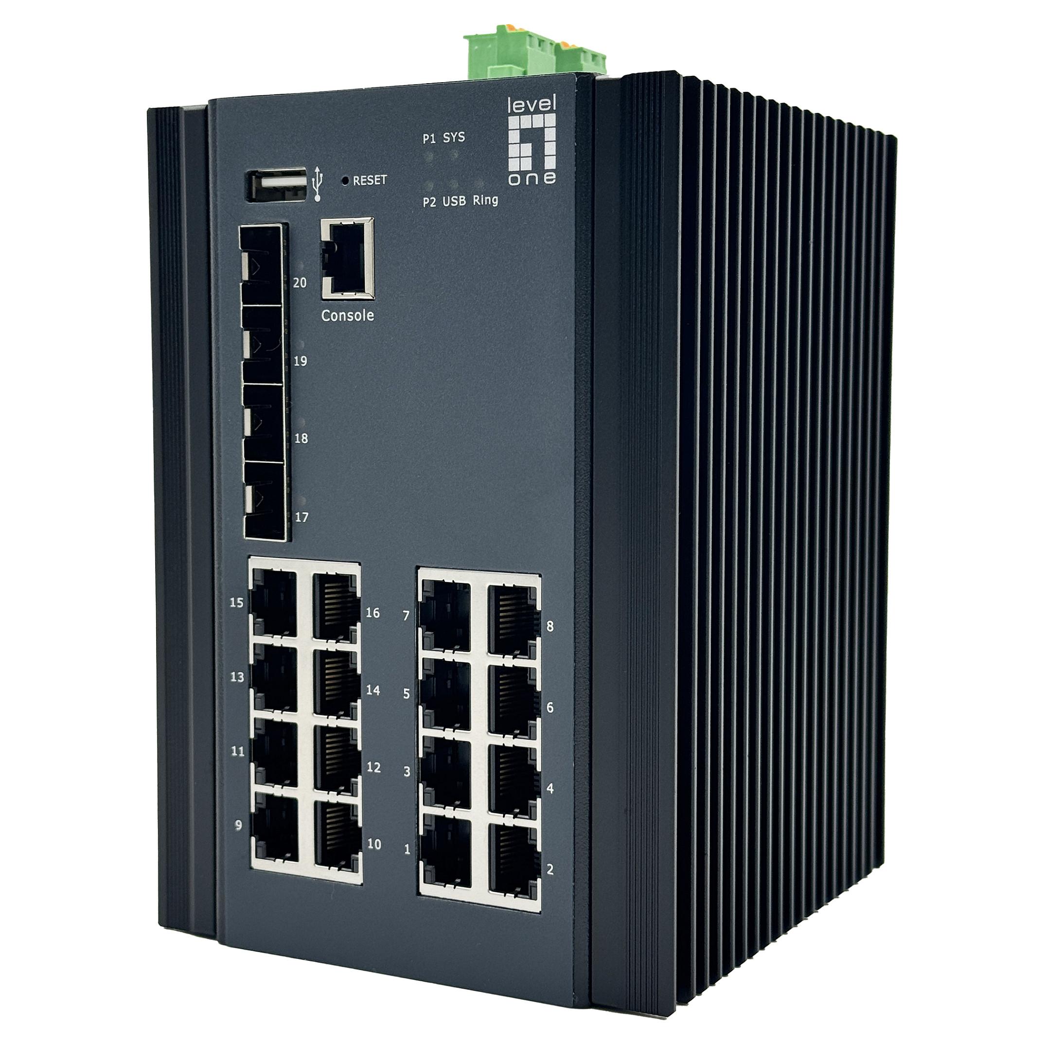 LevelOne 20-port L2+ administreret Gigabit industriswitch - 16x RJ45, 4x 1/2,5GbE SFP, DIN-skinne, -40° til 80°