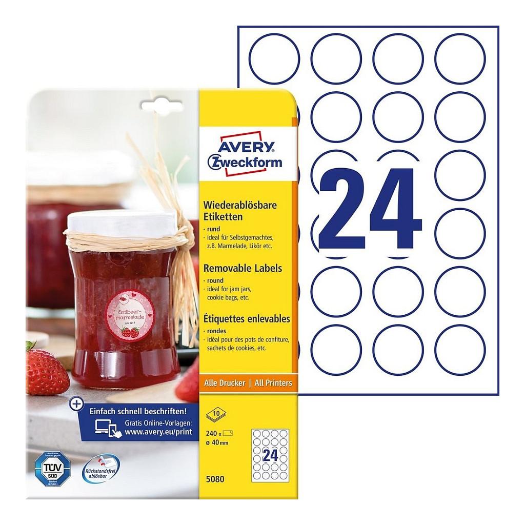 Aftagelige etiketter Avery Zweckform 5080 - hvid, Ø 40 mm