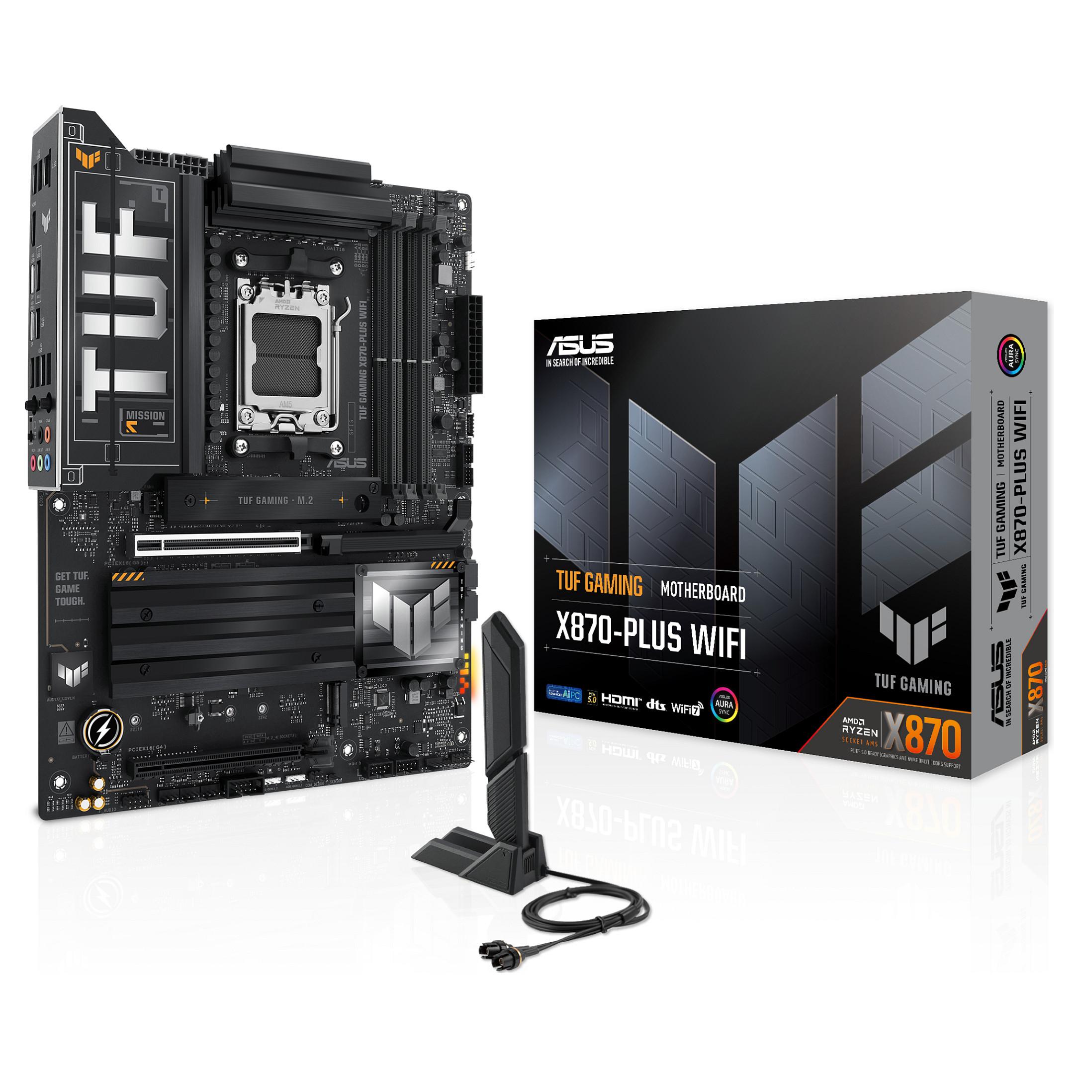 ASUS TUF GAMING X870-PLUS WIFI - Bundkort - ATX - Socket AM5 - AMD X870 Chipset - USB4, USB-C 3.2 Gen 2x2, USB 3.2 Gen 2, USB 3.2 Gen 1 - Wi-Fi 7, 2.5 Gigabit LAN, Bluetooth - onboard grafik (CPU påkrævet) - HD Audio (8-kanaler)