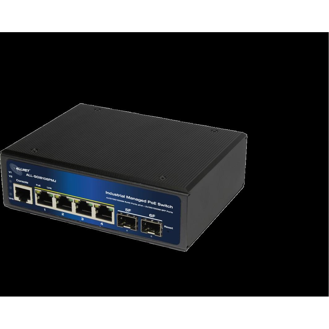 ALLNET Switch industrial full managed Layer2 6 Port GbE PoE Budget 120W 4x PoE 2x SFP Fanless DIN JSON ALLSGI8106PMJ