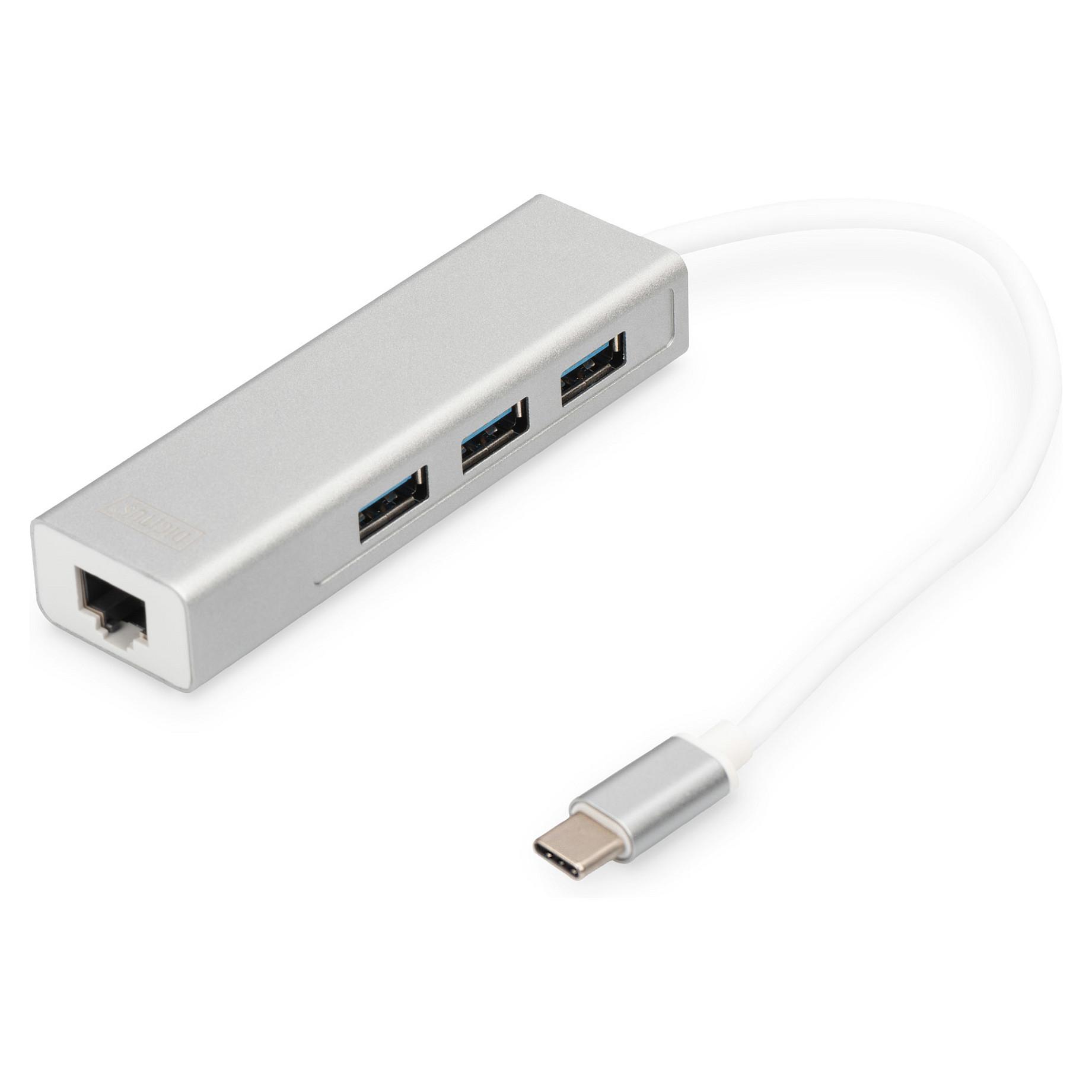 DIGITUS USB-C 3-port hub med Gigabit Ethernet og 3 x USB 3.2 Gen 1 Type-A - hvid/grå