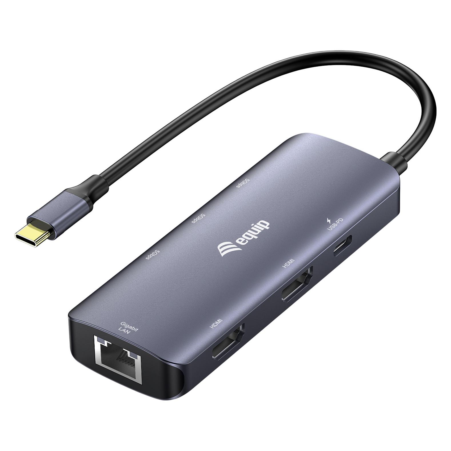 EQUIP USB-C 7-i-1 MST multistikadapter med dual HDMI 4K, Gigabit Ethernet og 100 W USB-C PD