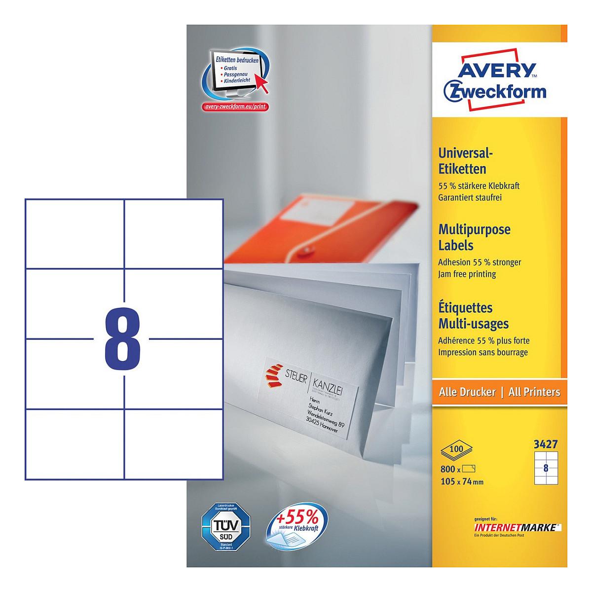 Avery - Hvid - 105 x 74 mm 800 etikette(r) (100 ark x 8) etiketter til flere formål