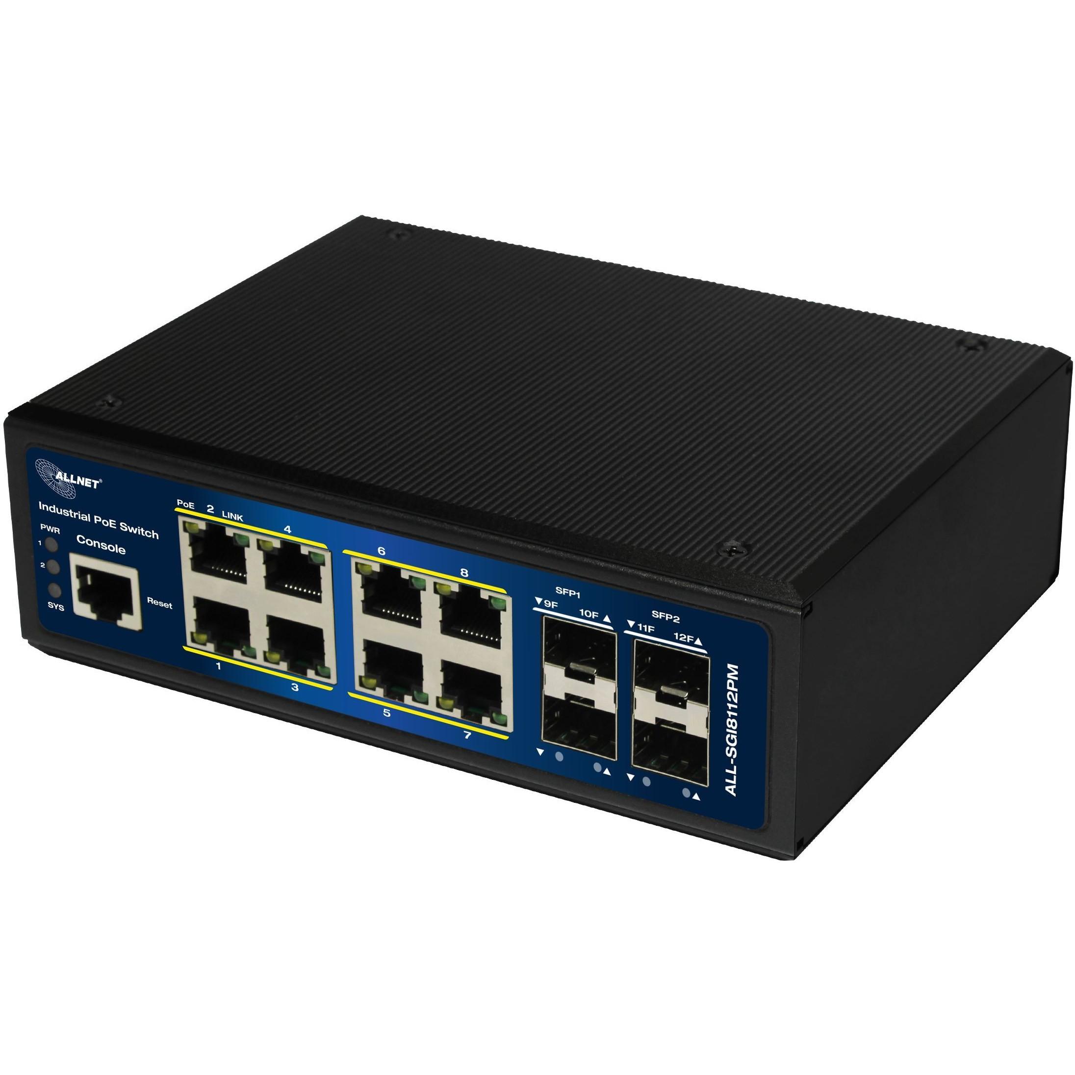 ALLNET Switch industrial full managed Layer2 12 Port GbE PoE Budget 240W 8x PoE at 4x SFP Fanless DIN JSON API ALLSGI8112PMJ