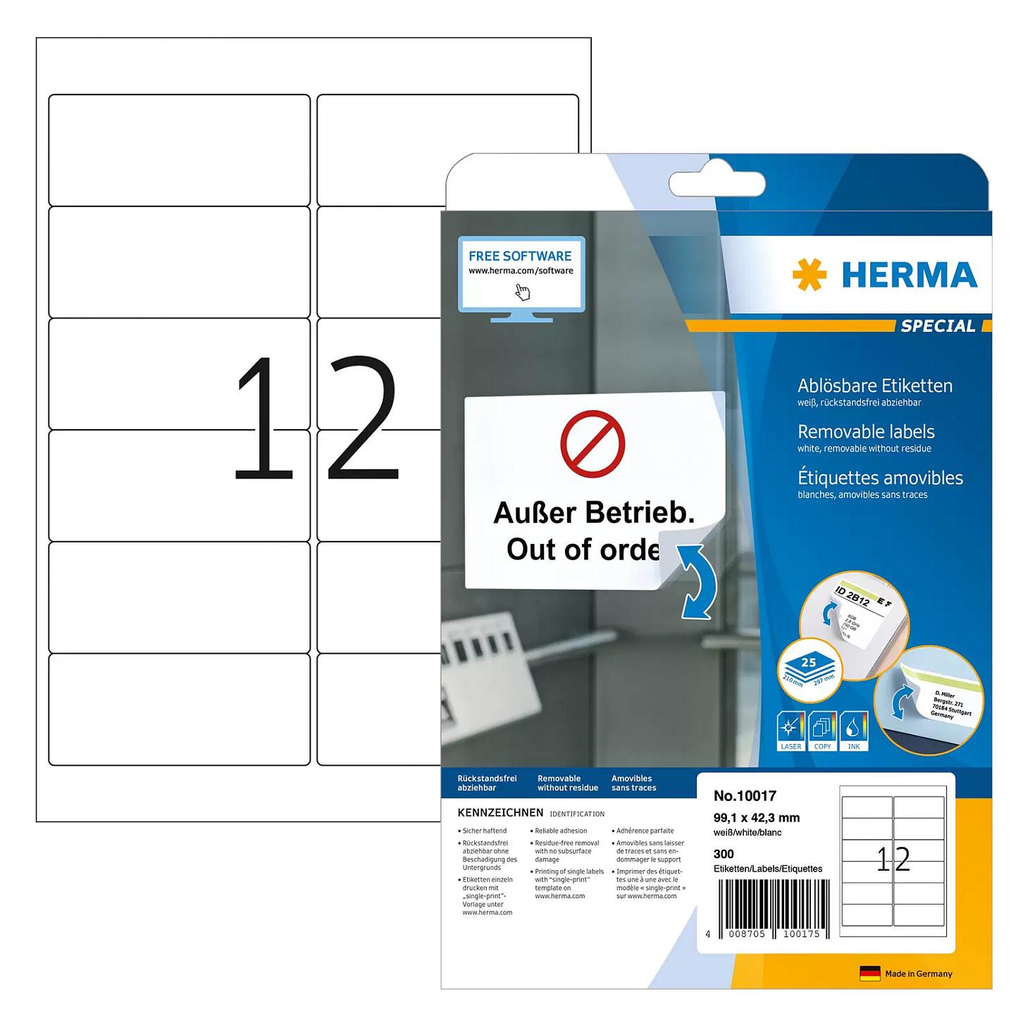 HERMA Special - Papir - mat - genpositionerbar selv-klæbende - hvid - 99.1 x 42.3 mm 300 etikette(r) (25 ark x 12) adresseetiketter
