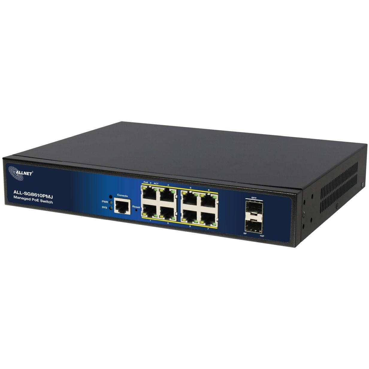 ALLNET Switch full managed Layer2 10 Port 8x GbE PoE Budget 130W 8x PoE at 2x SFP 19 Fanless JSON API ALLSG8610PMJ