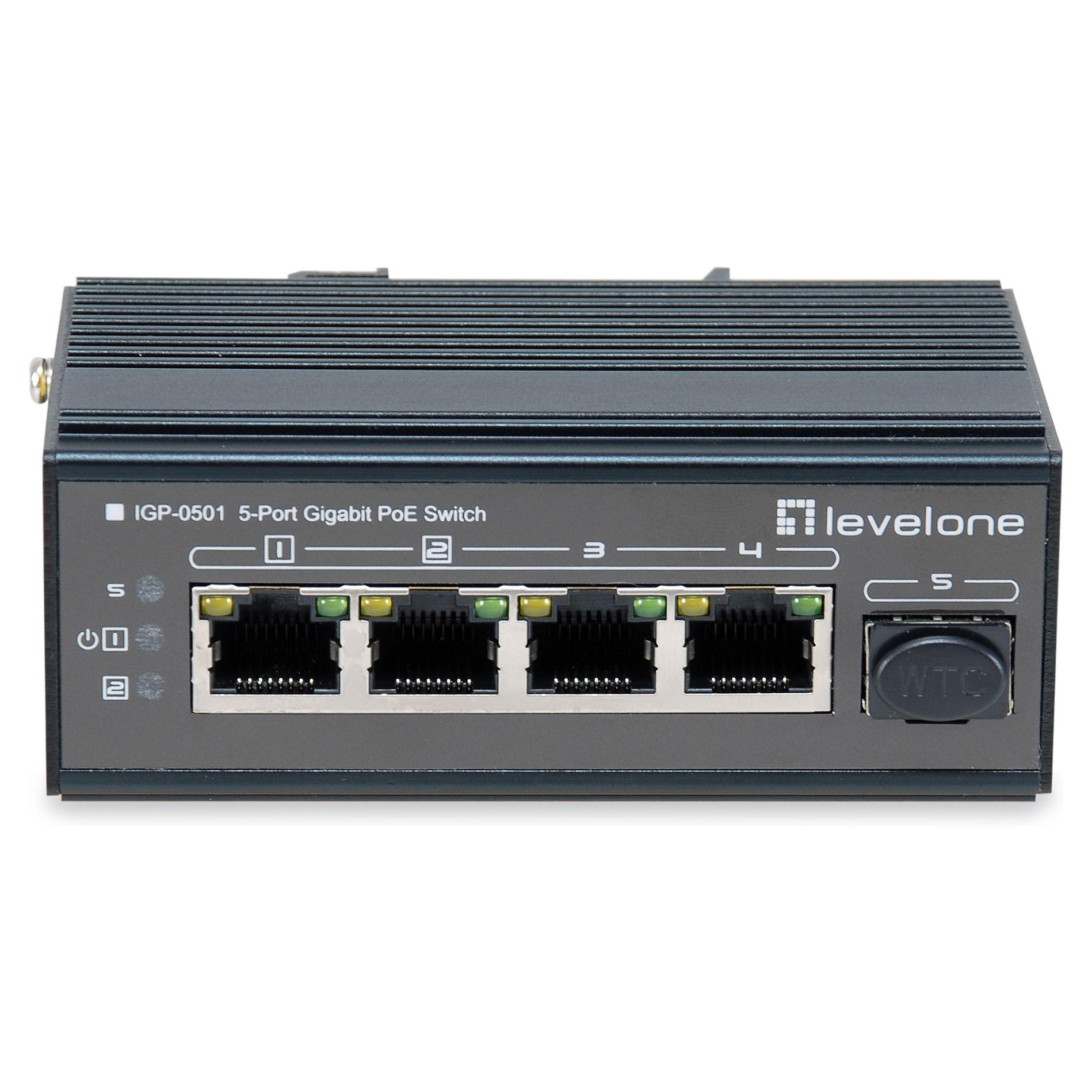 LevelOne IGP-0501 5-port gigabit industriswitch med DIN-skinne, PoE og SFP, -30 °C til 65 °C