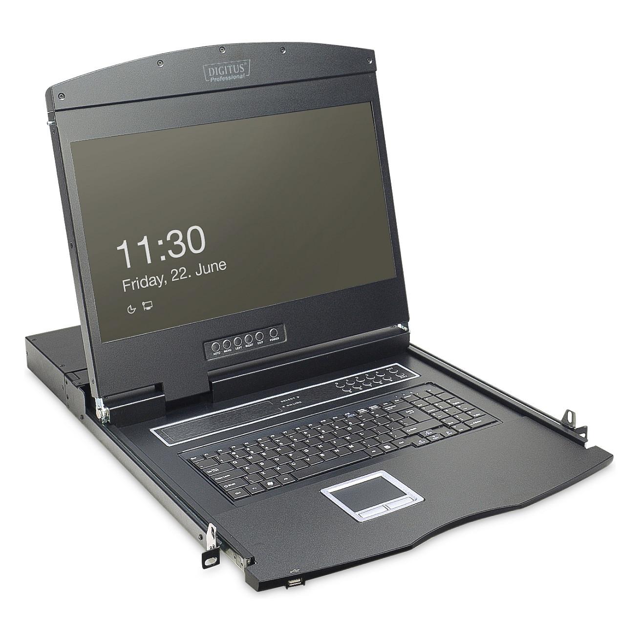 Digitus Professional DS-72211-2GE - KVM-konsol med KVM switch - 8 porte - Tysk - 19 - rackversion - 1366 x 768 @ 60 Hz - 1000:1 - sort, RAL 9005 - 1U