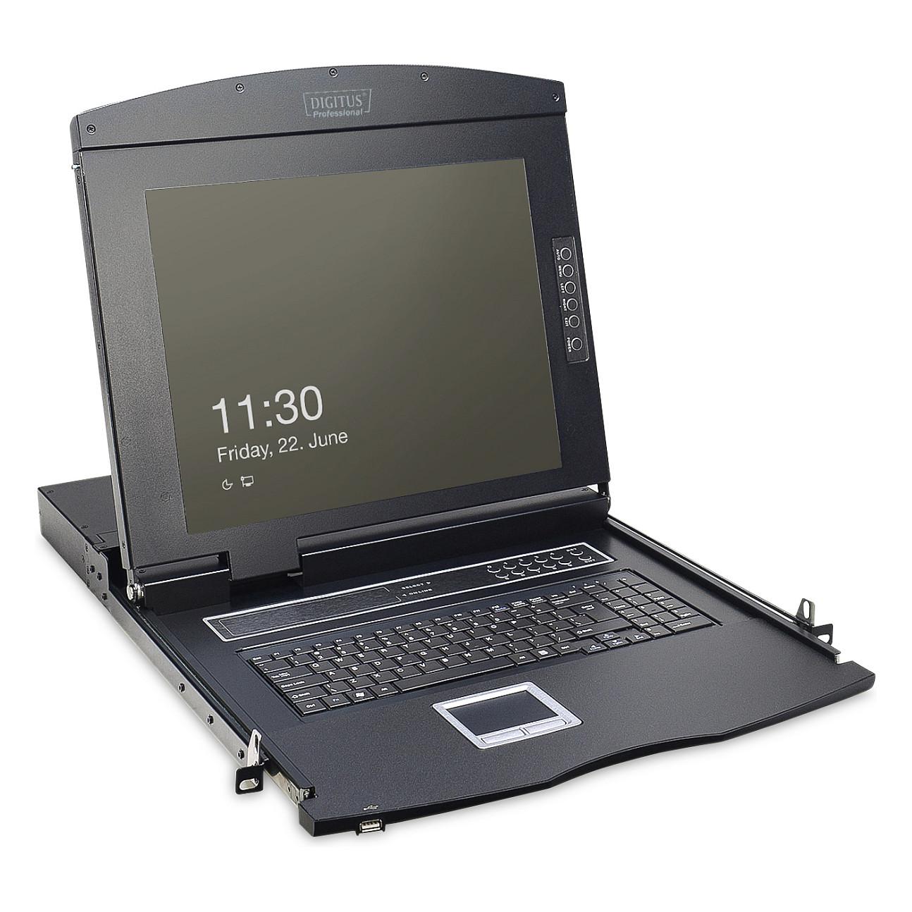 Digitus Professional DS-72210-1GE - KVM-konsol med KVM switch - 1 porte - Tysk - 17 - rackversion - 1280 x 1024 @ 60 Hz - 1000:1 - sort, RAL 9005 -