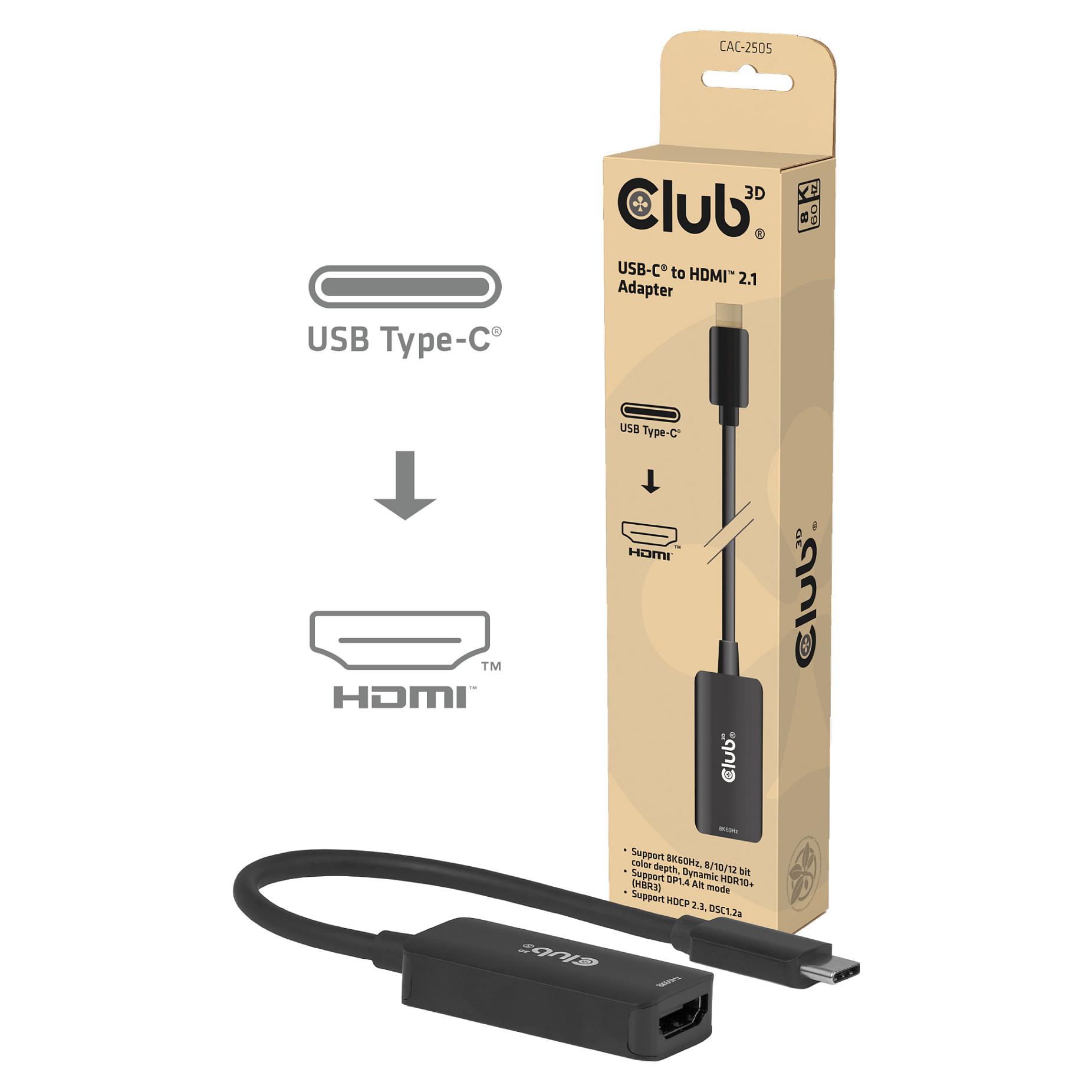 Club 3D - Adapterkabel - USB-C han til HDMI hun - 12 cm - sort - 8K60 Hz support, 4K240 Hz support, HDR support