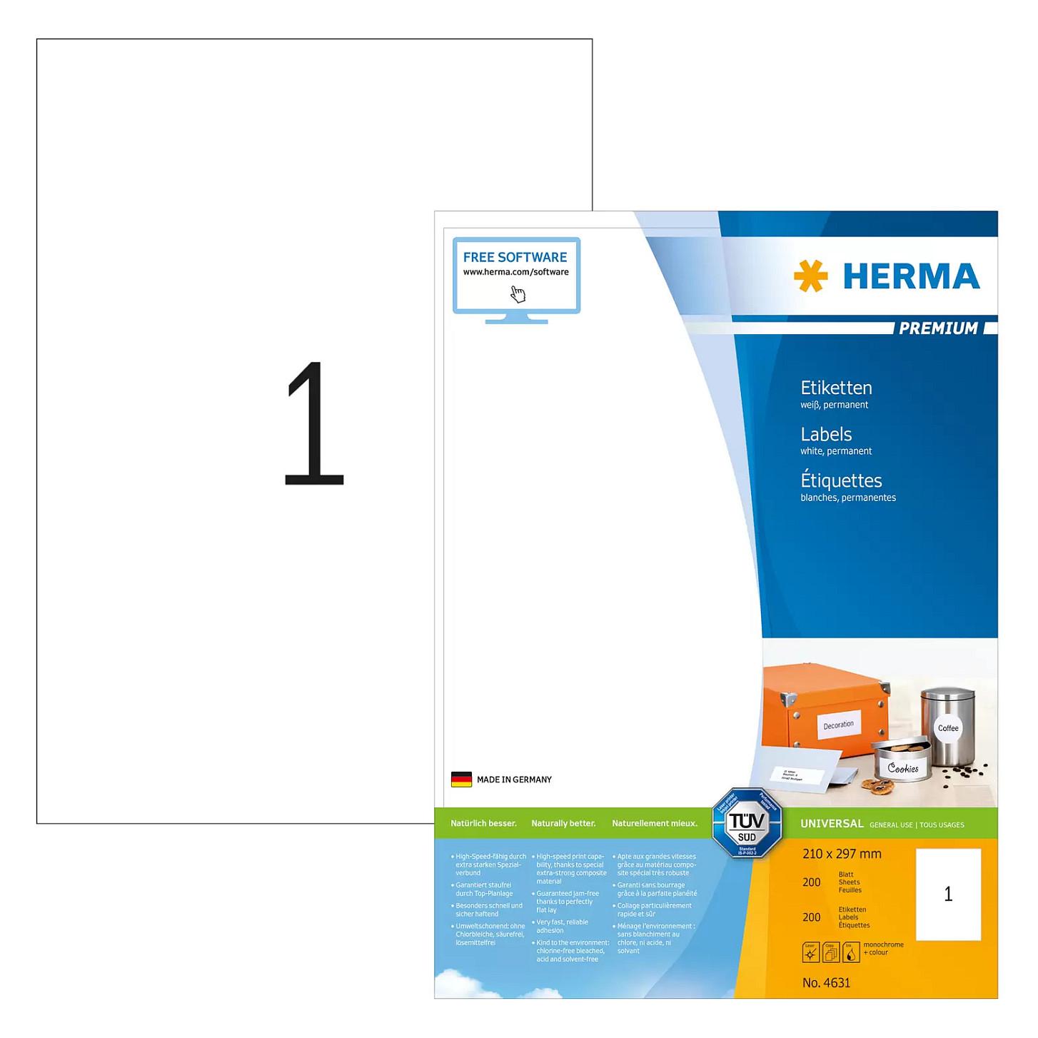 HERMA Premium - Papir - mat - permanent selvklæbende - hvid - A4 (210 x 297 mm) 200 etikette(r) (200 ark x 1) laminerede etiketter
