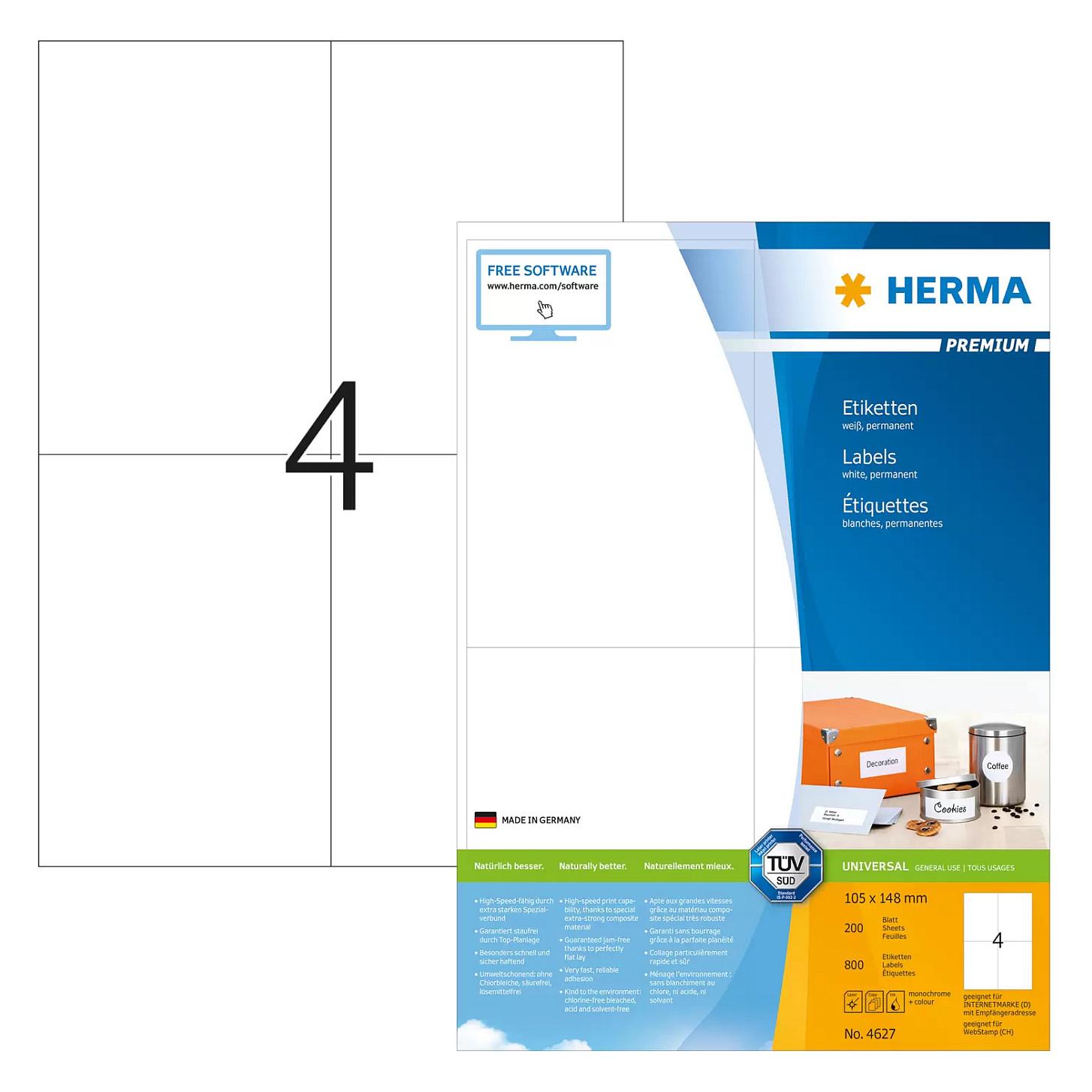 HERMA Premium etiketter A4 105 x 148 mm hvid mat papir til laser/inkjet - 800 stk.