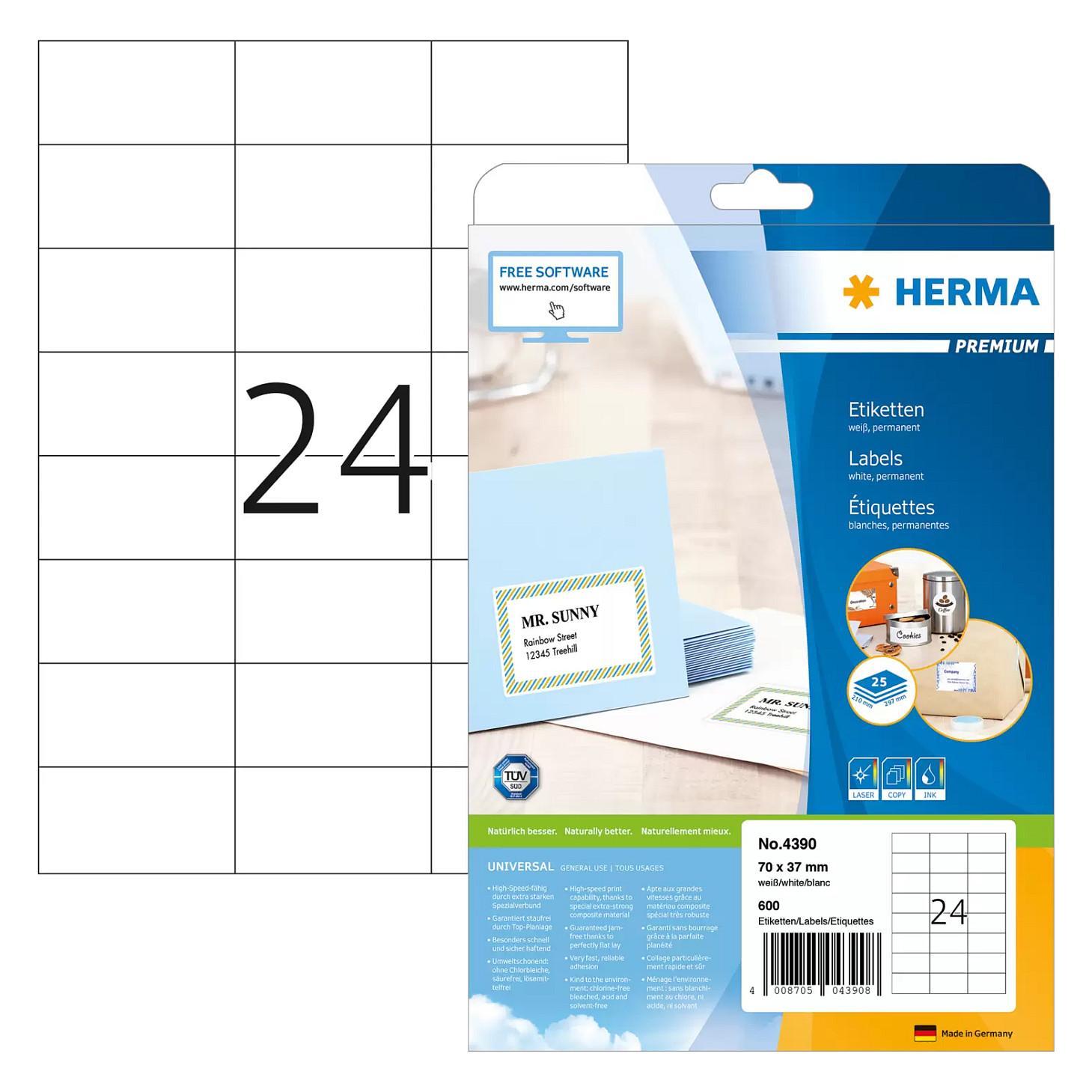 HERMA Premium - Papir - mat - permanent selvklæbende - hvid - 70 x 37 mm 600 etikette(r) (25 ark x 24) laminerede etiketter