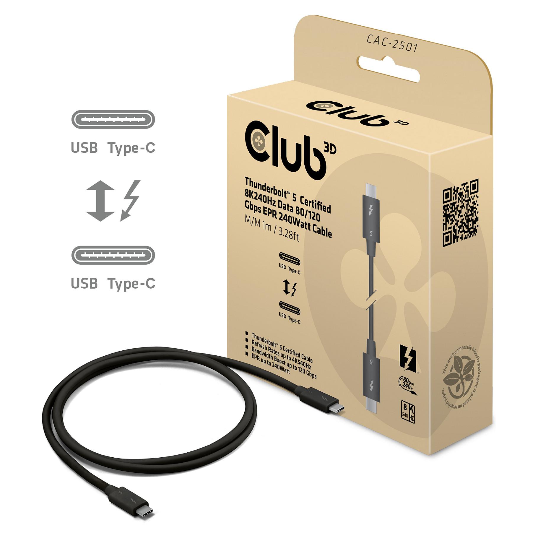 Club 3D - USB-kabel - USB-C (han) til USB-C (han) - USB 3.2 Gen 2 / USB4 / Thunderbolt 3 / Thunderbolt 4 / Thunderbolt 5 - 1 m - USB Power Delivery (