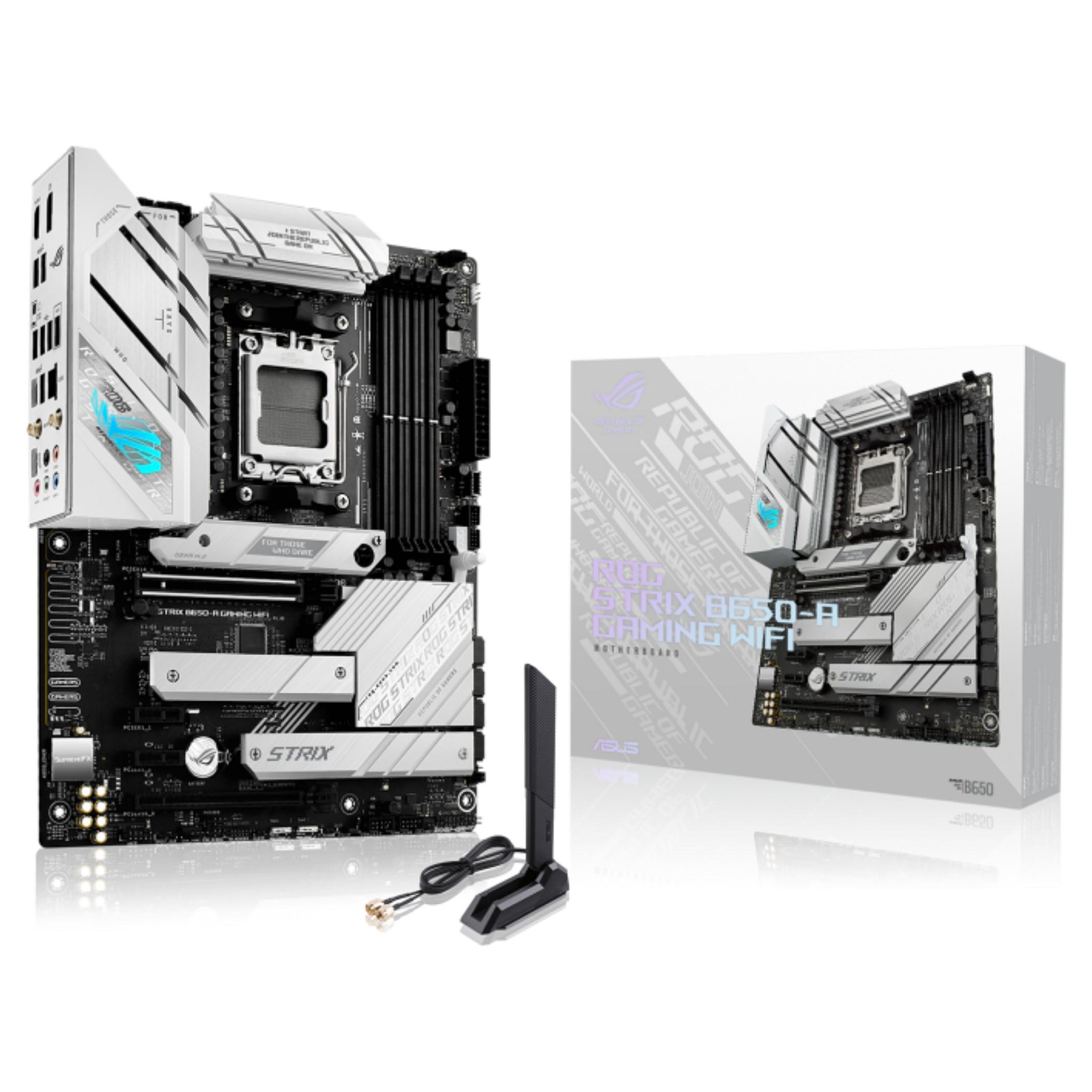 ASUS ROG STRIX B650-A GAMING WIFI - Bundkort - ATX - Socket AM5 - AMD B650 Chipset - USB-C 3.2 Gen 2x2, USB-C 3.2 Gen2, USB 3.2 Gen 2, USB 3.2 Gen 1 - 2.5 Gigabit LAN, Wi-Fi 6, Bluetooth - onboard grafik (CPU påkrævet) - HD Audio (8-kanaler)