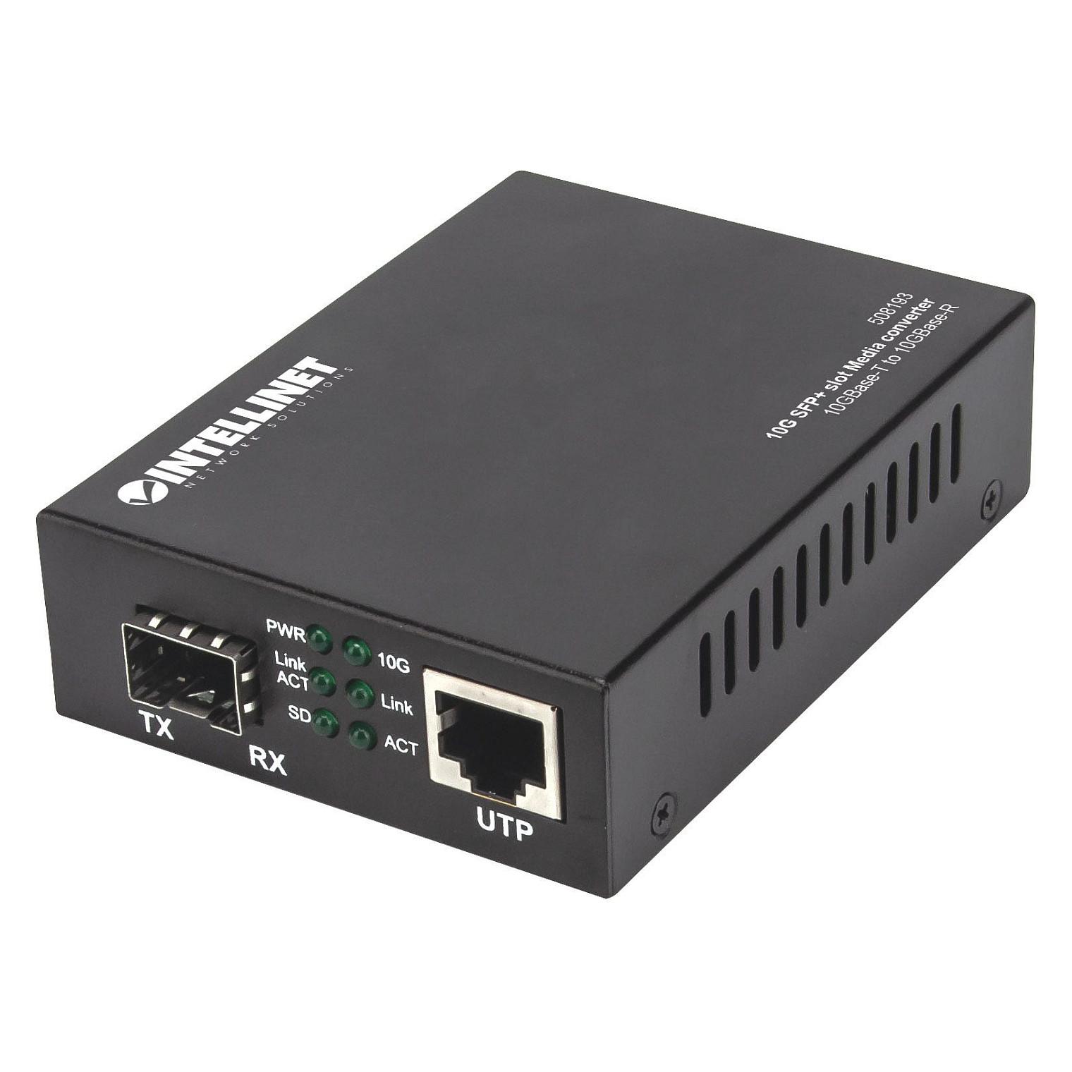 Intellinet 10GBase-T to 10GBase-R Media Converter, 1 x 10 GB SFP Slot, 1 x 10GB RJ45 Port (Euro 2-pin plug) Medieomsætter Gigabit Ethernet 10 Gigabit Ethernet 5 Gigabit Ethernet 2.5 Gigabit Ethernet