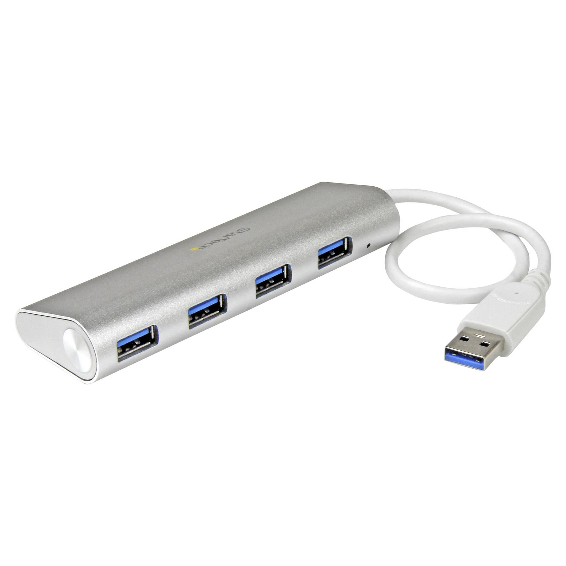 StarTech.com 4 Port Portable USB 3.0 Hub with Built-in Cable - Aluminum and Compact USB Hub (ST43004UA) Sølv Hvid