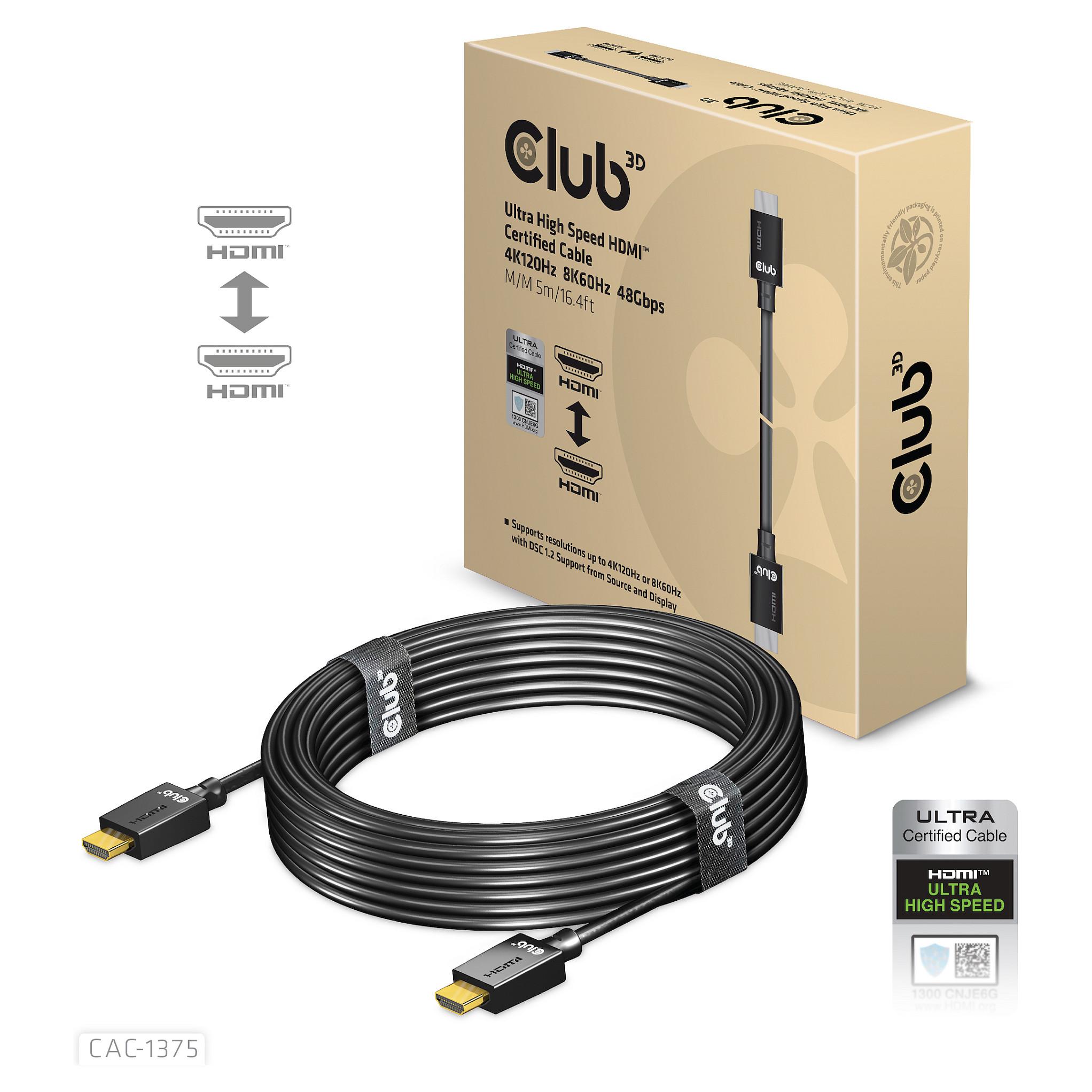 Club 3D CAC-1375 Ultra High Speed HDMI 2.1-kabel 5 m - sort, 4K120 Hz og 8K60 Hz