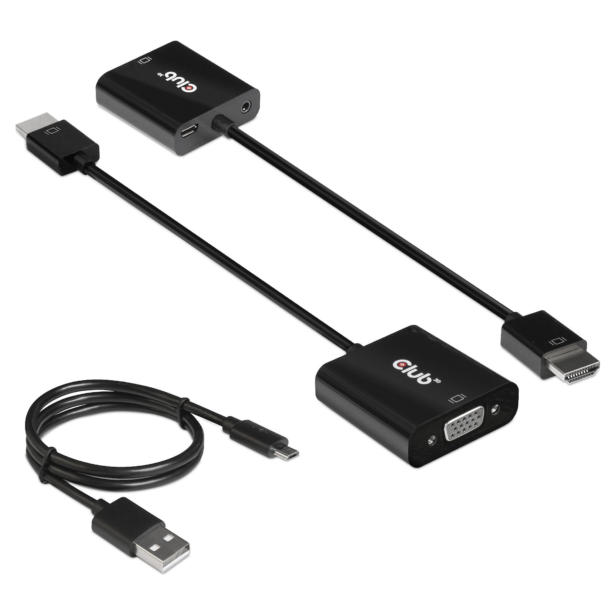 CLUB3D CAC-1302 HDMI til VGA-adapter 1080p med 3,5 mm lyd og Micro-USB, sort