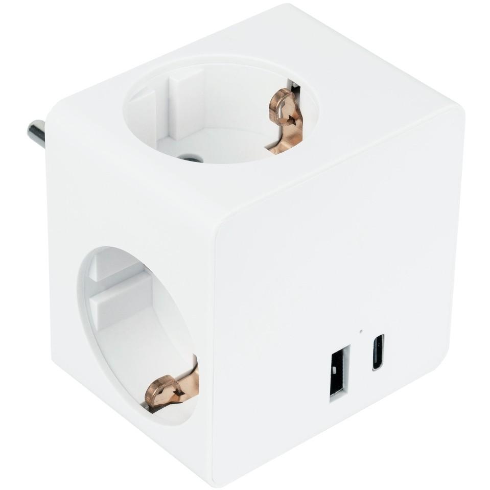 Stikkontaktadapter Kabelmeister med 3 jordede stikkontakter, USB-C 20 W og USB-A 18 W - hvid