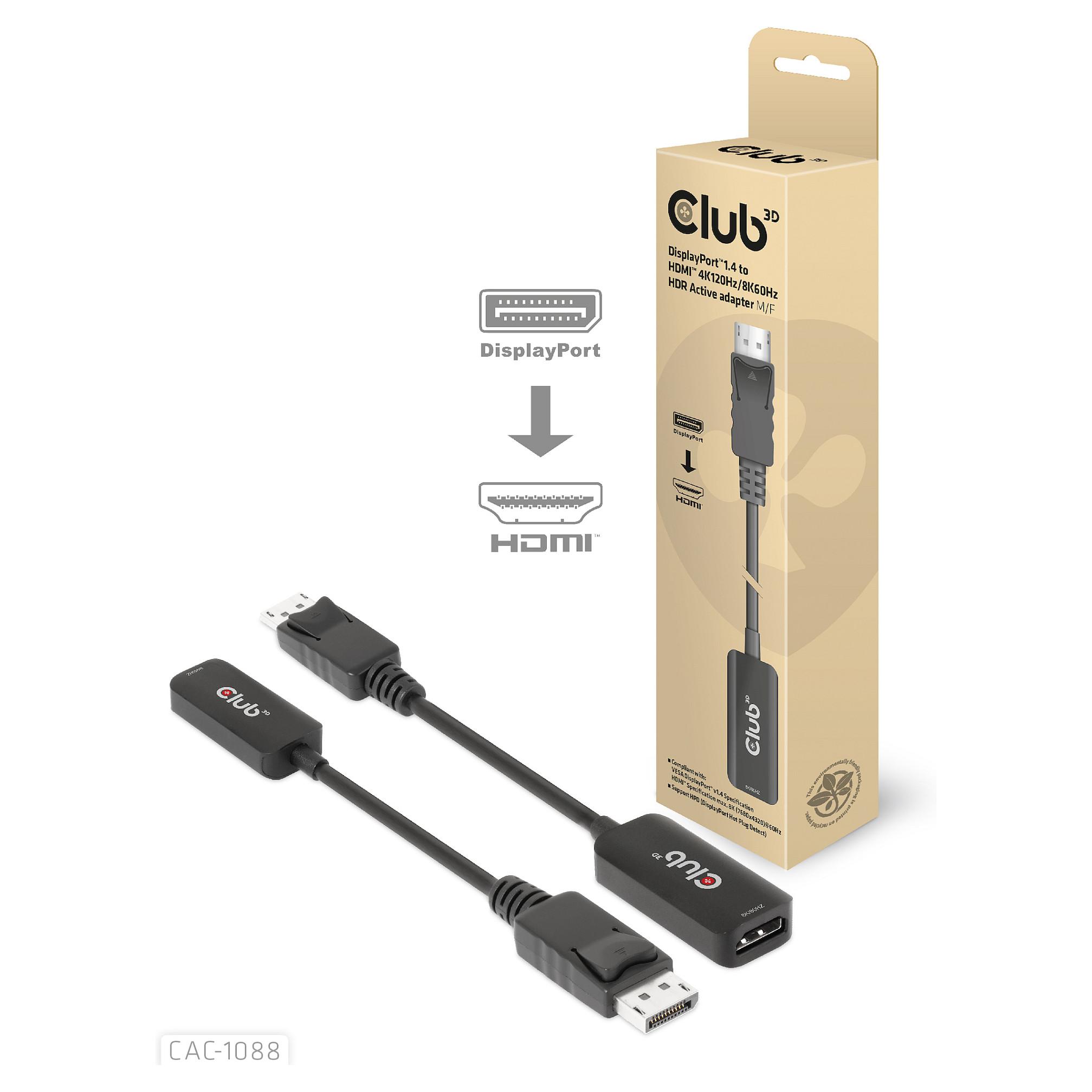Club 3D - Videoadapter - DisplayPort han til HDMI hun - 10 cm - aktiv, 4K120 Hz support, Ensrettet, 8K60 Hz (7680 x 4320) support