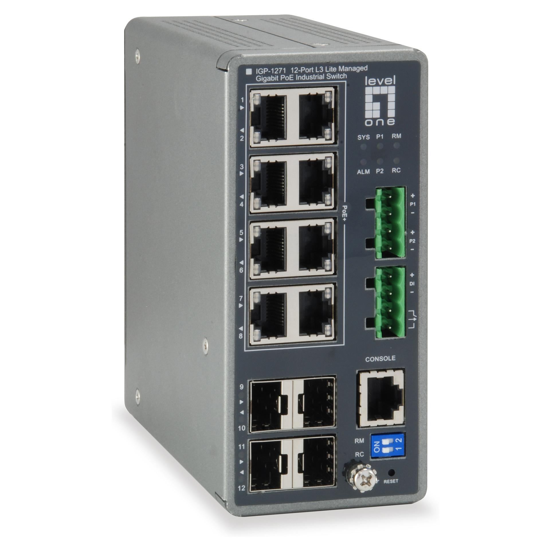 LevelOne TURING - 12‐port L3 Lite administrerbar Gigabit industriel switch, 8x PoE+, 240 W, 4x SFP, −40 °C til 75 °C