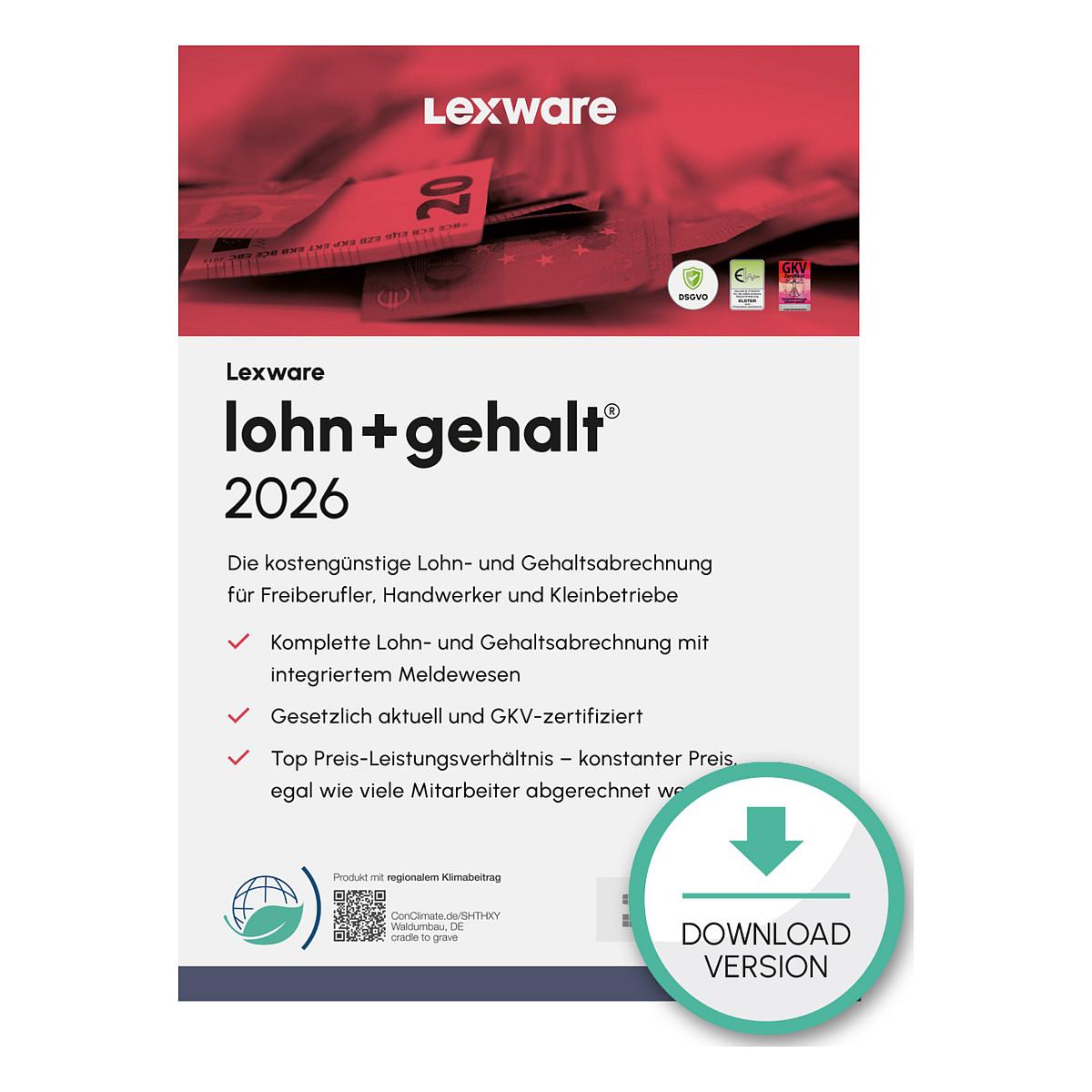 Lexware lohn+gehalt 2026, Regnskab, Fuld, 1 licens(er), Elektronisk software download (ESD), Tysk, Windows 10, Windows 11