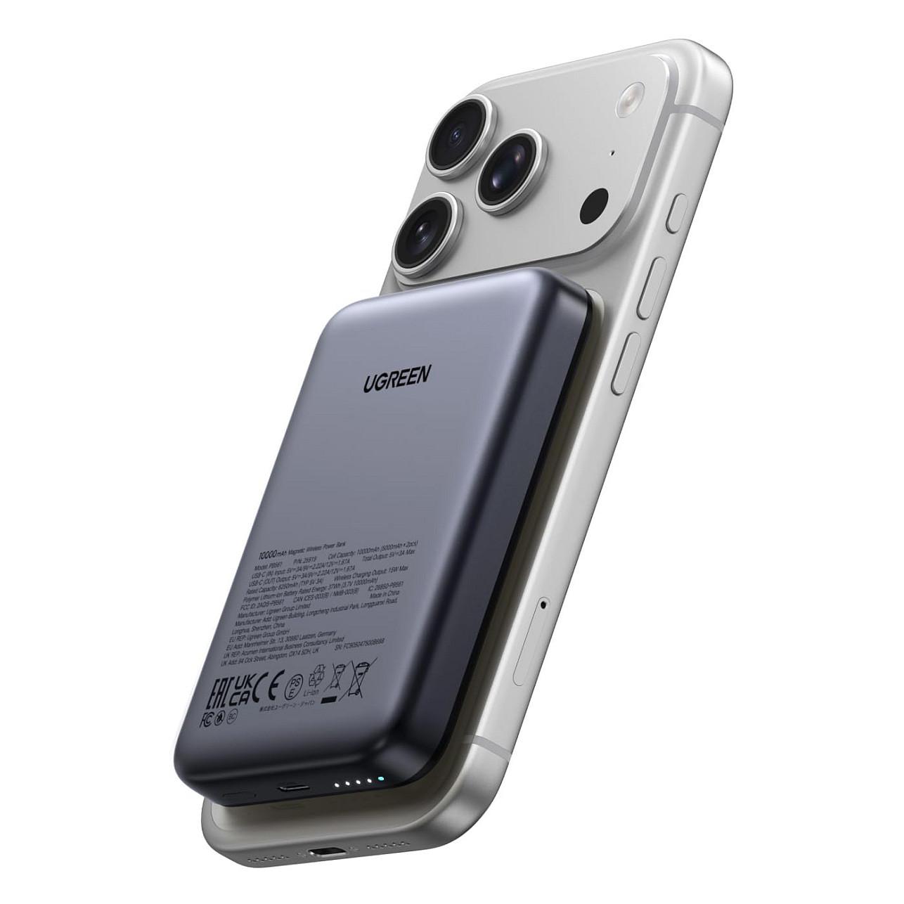 Ugreen - Trådløs power bank - magnetisk - Li-Ion - 10000 mAh - 37 Wh - 20 Watt - 3 A - PD 3.0 (USB-C) - sort