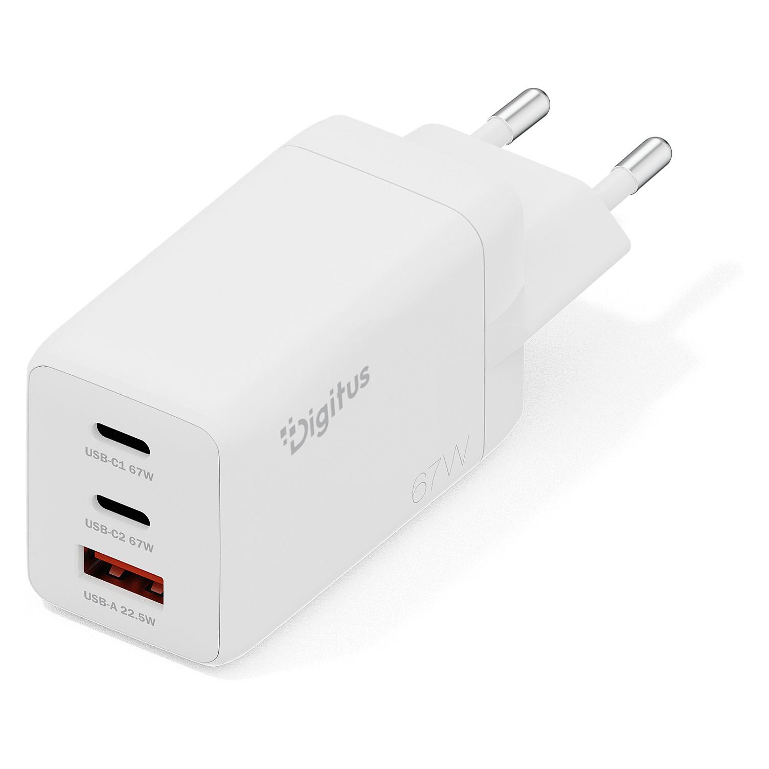 DIGITUS 67 W GaN USB-oplader med 2 x USB-C, 1 x USB-A og hurtigopladning - hvid