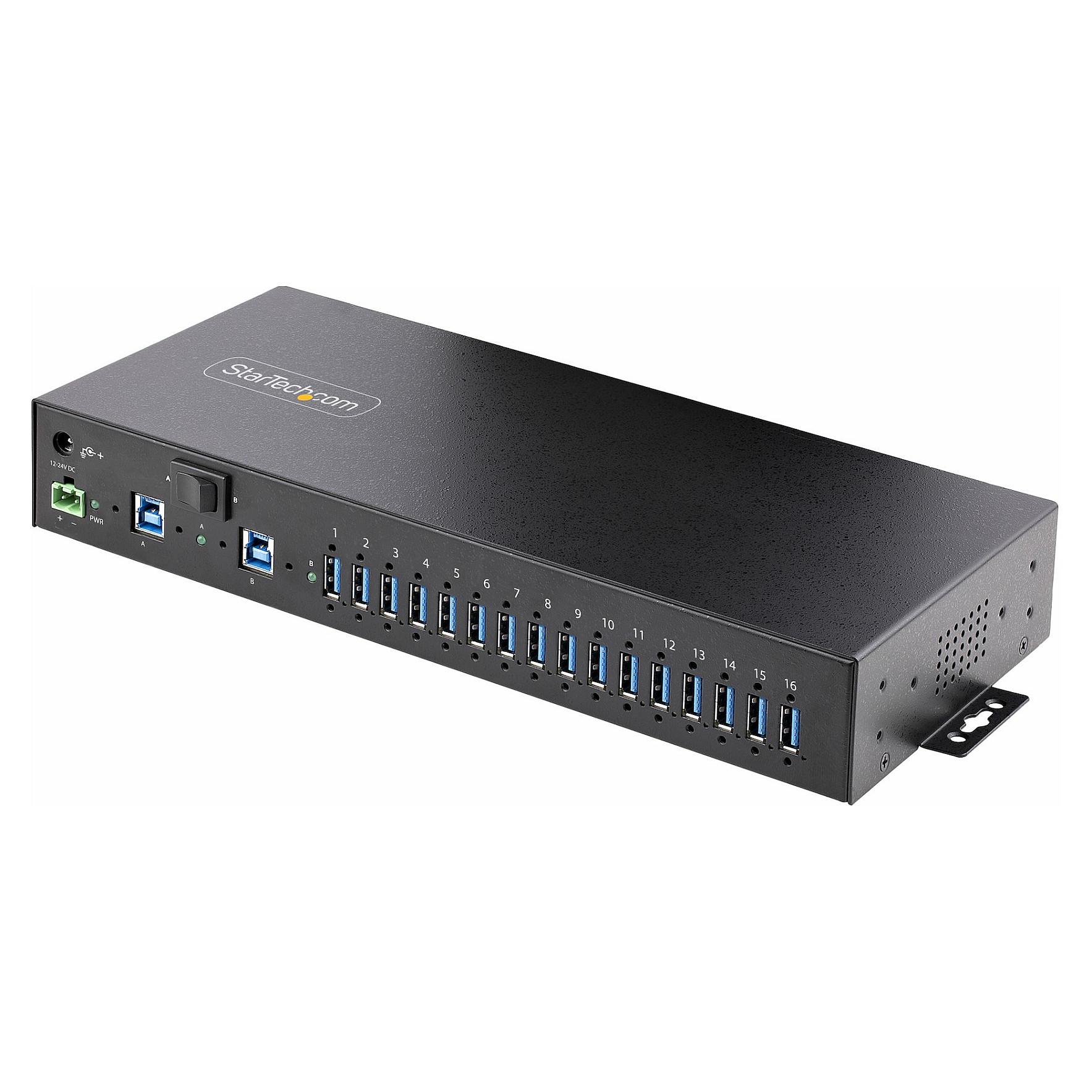 Startech 16-Port Industrial USB 5Gbps Hub with Power Adapter, Metal Enclosure, Mountable, ESD Protection, Terminal Block Power, USB Charging, Dual-Host Switch - TAA - Hub - 16 x USB 3.2 Gen 1 - desktop, monterbar på stativ, DIN monterbar på skinne, væg-monterbar - TAA-kompatibel