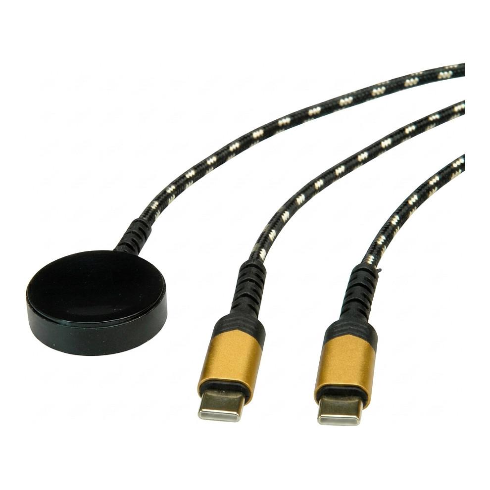 USB-splitladekabel ROLINE USB-C til USB-C med ladepad - sort/guld, 1,2 m