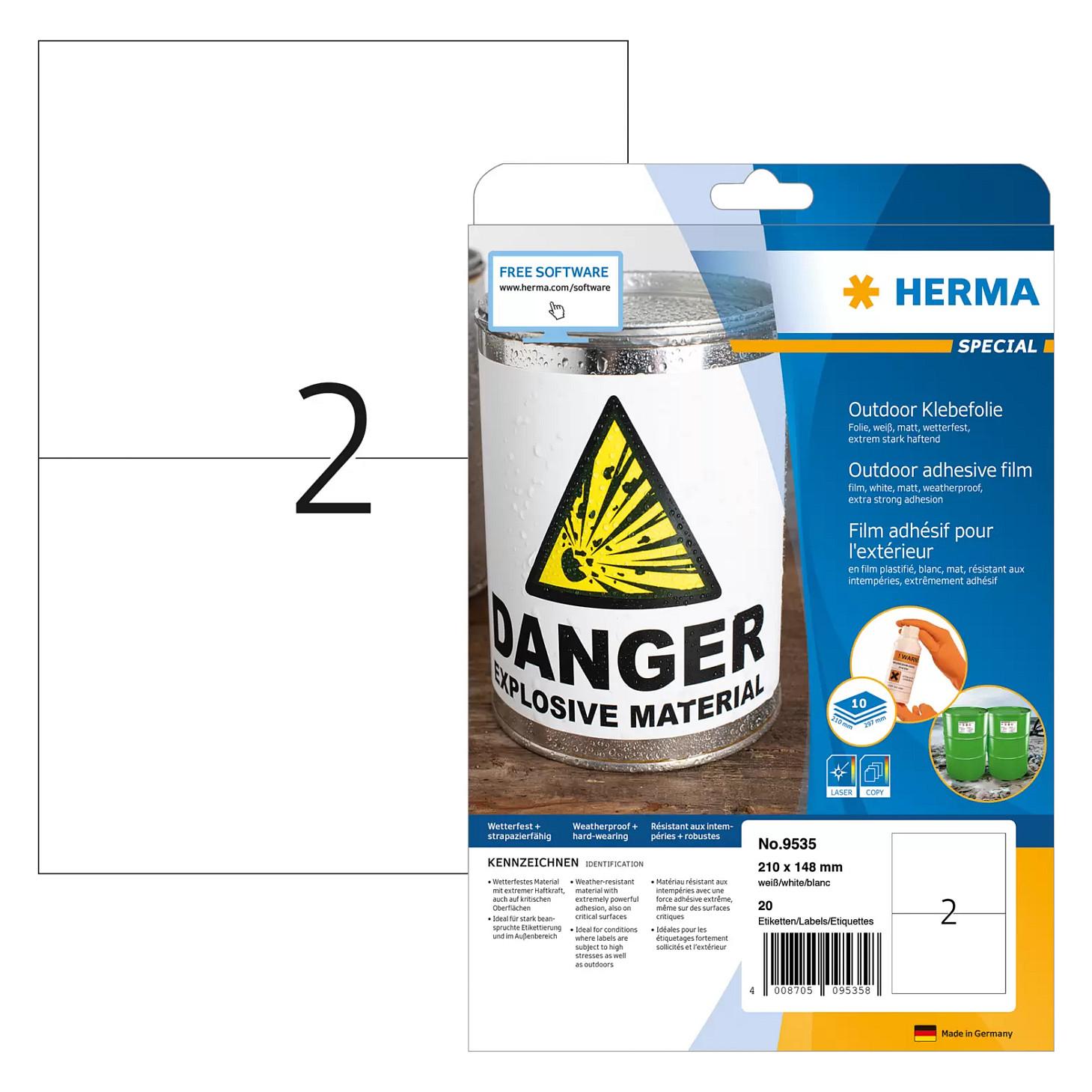 HERMA Special - Polyethylen (PE) - mat - selv-klæbende - hvid - 210 x 148 mm 20 etikette(r) (10 ark x 2) filmmærkater