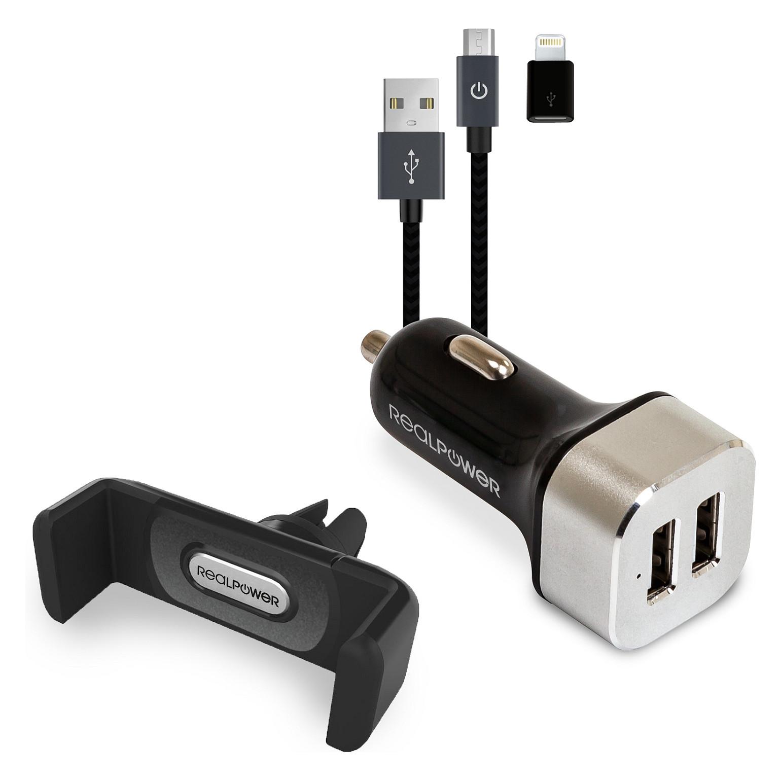 Billadersæt til smartphone RealPower 168182 med kabel og holder - sort/sølv
