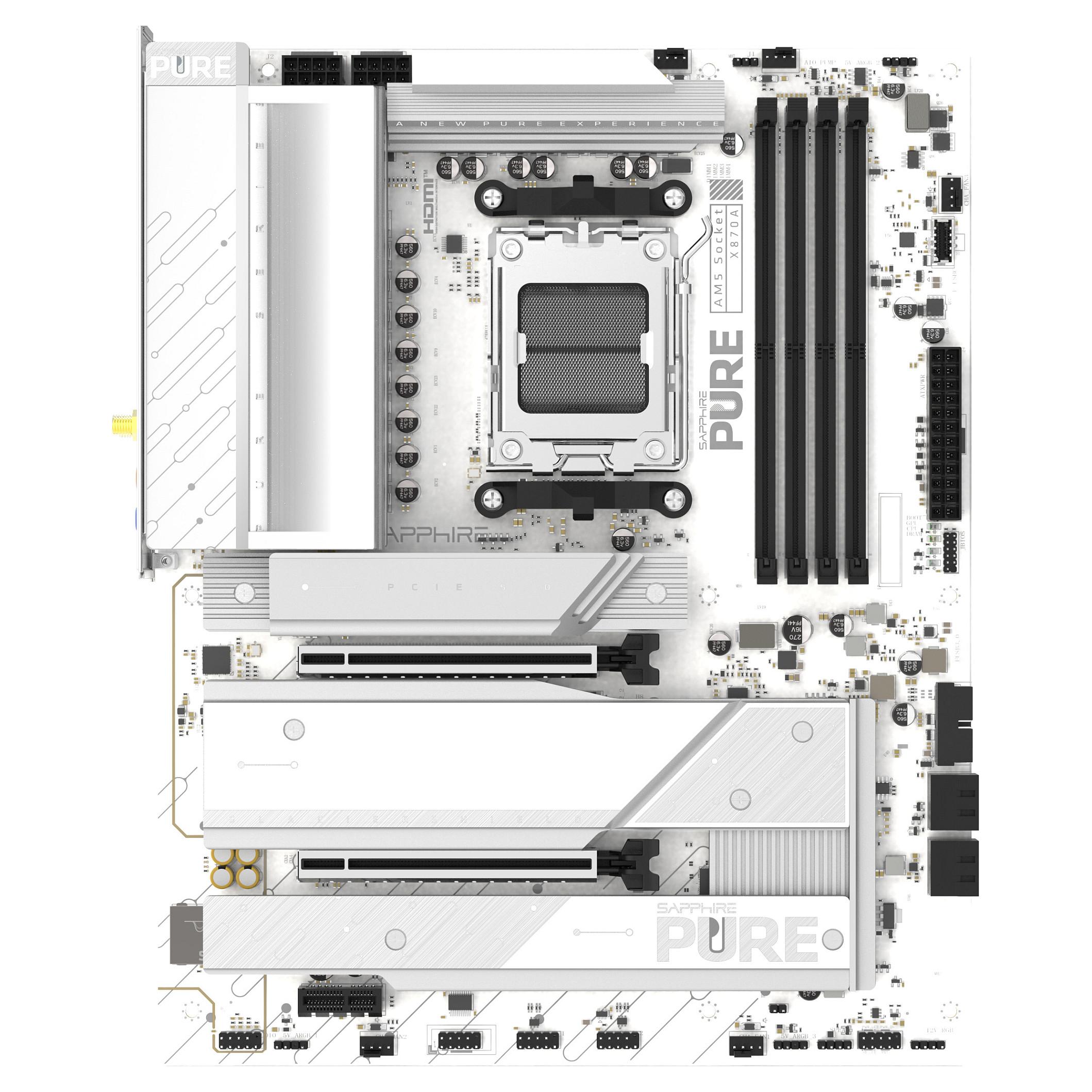 Sapphire PURE X870A WIFI7 bundkort - AMD X870, Socket AM5, ATX, hvid/sølv