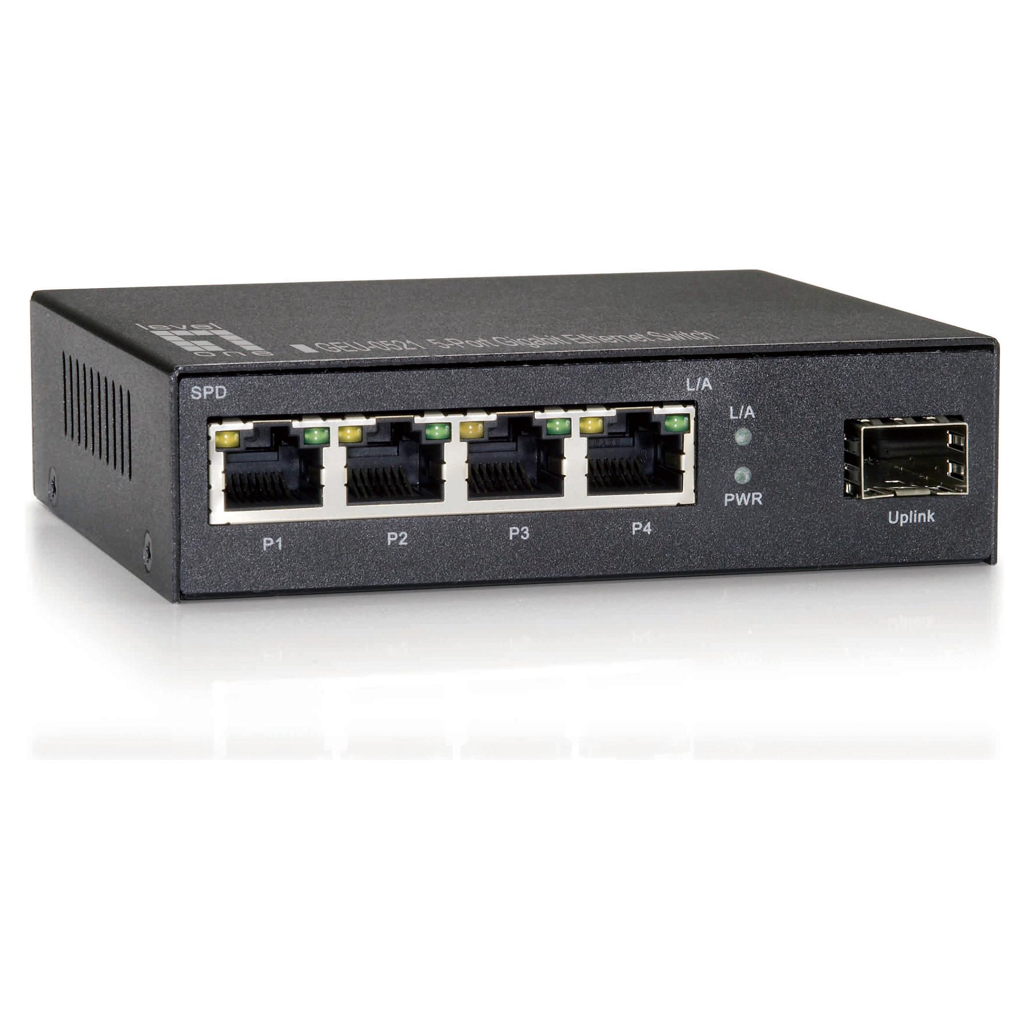 LevelOne 5-port Gigabit-switch med 4 x RJ-45 og 1 x SFP, unmanaged
