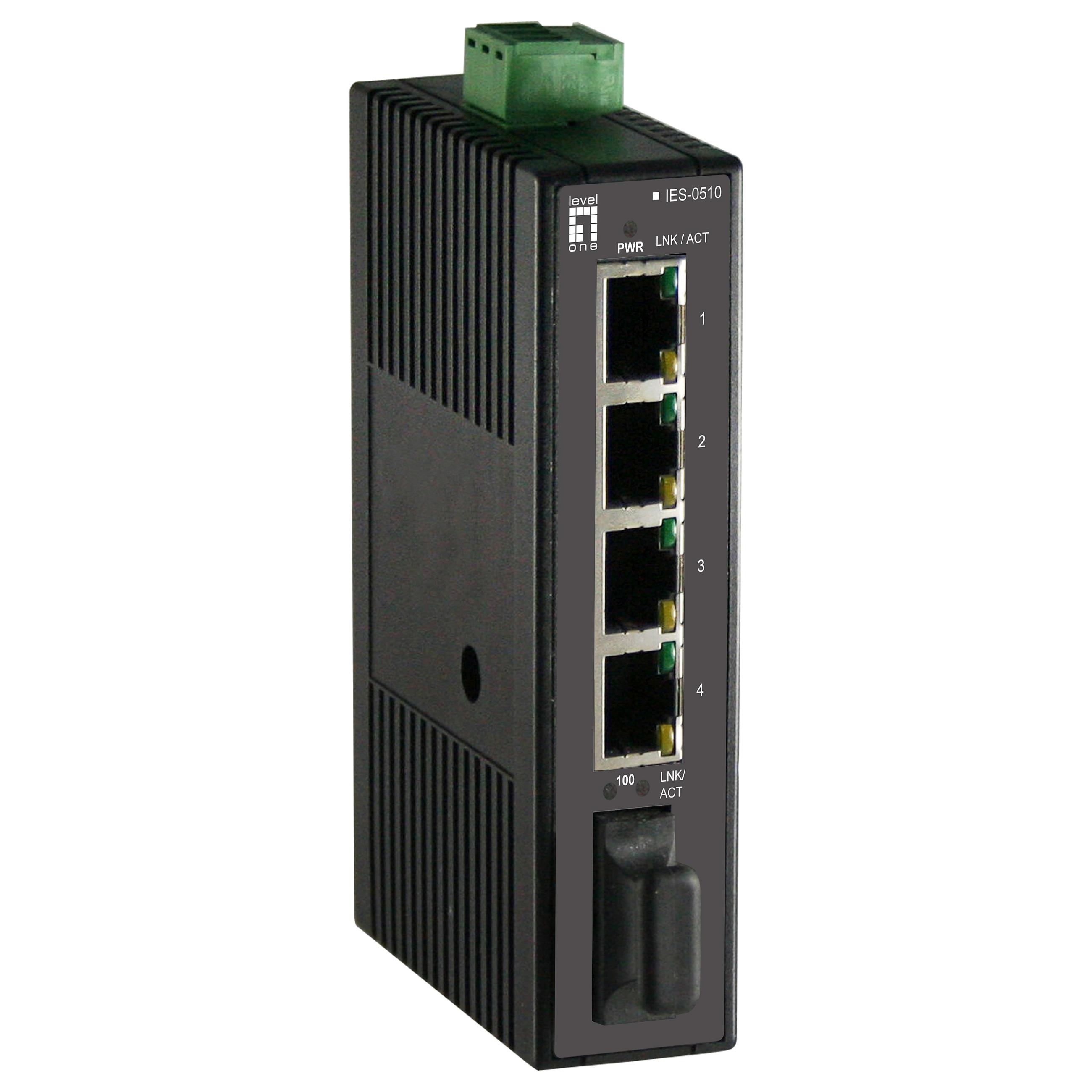 LevelOne IES-0510 - 5-port Fast Ethernet industriswitch, DIN-skinne, 1 x SC multimode fiber, -20 °C til 70 °C