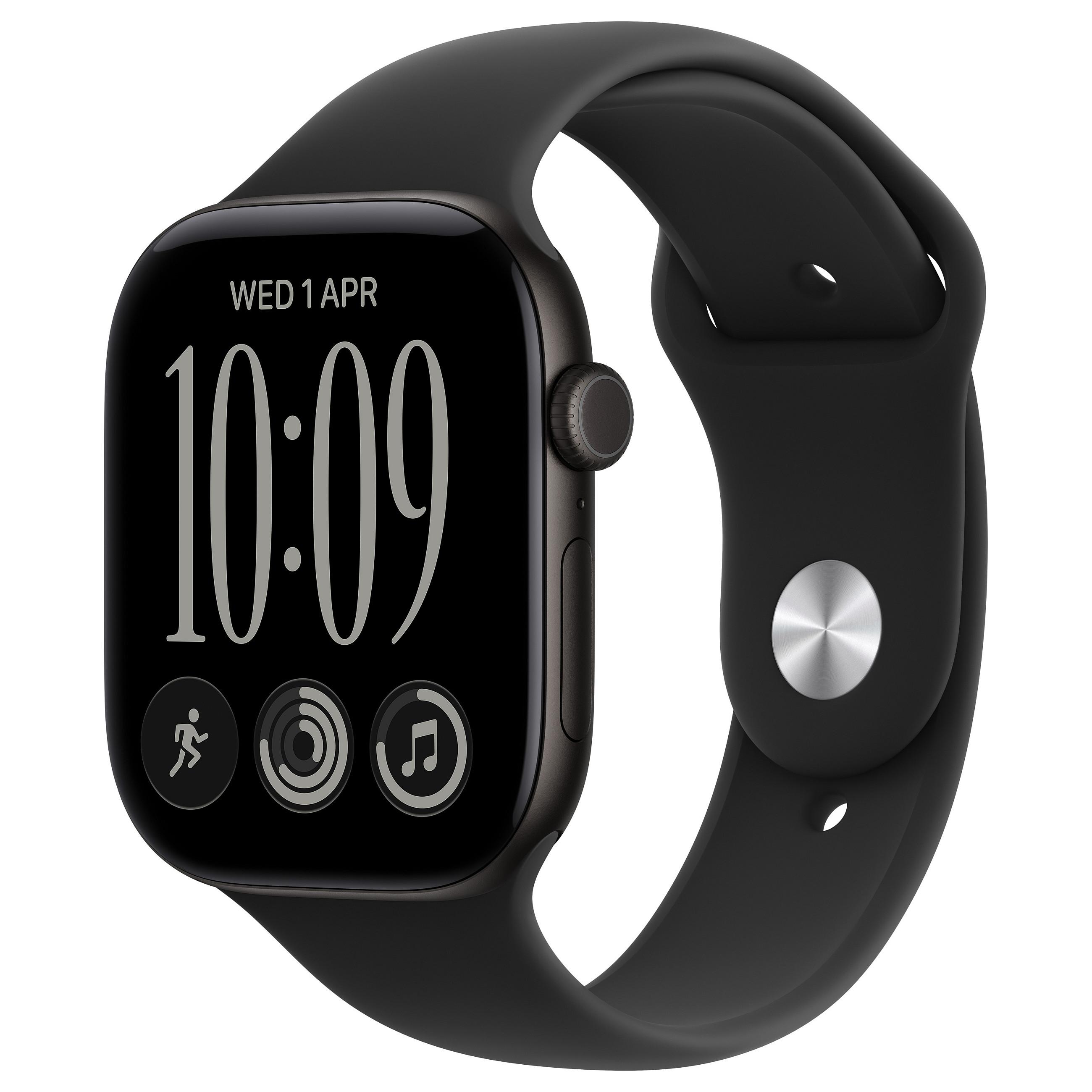 Apple Watch Series 12 (GPS + Cellular) - 46 mm - sort aluminium - smart ur med sportsbånd - gummi - sort - båndstørrelse: M/L - 64 GB - Bluetooth, LTE, Wi-Fi 4, UWB - 5G - 38.6 g