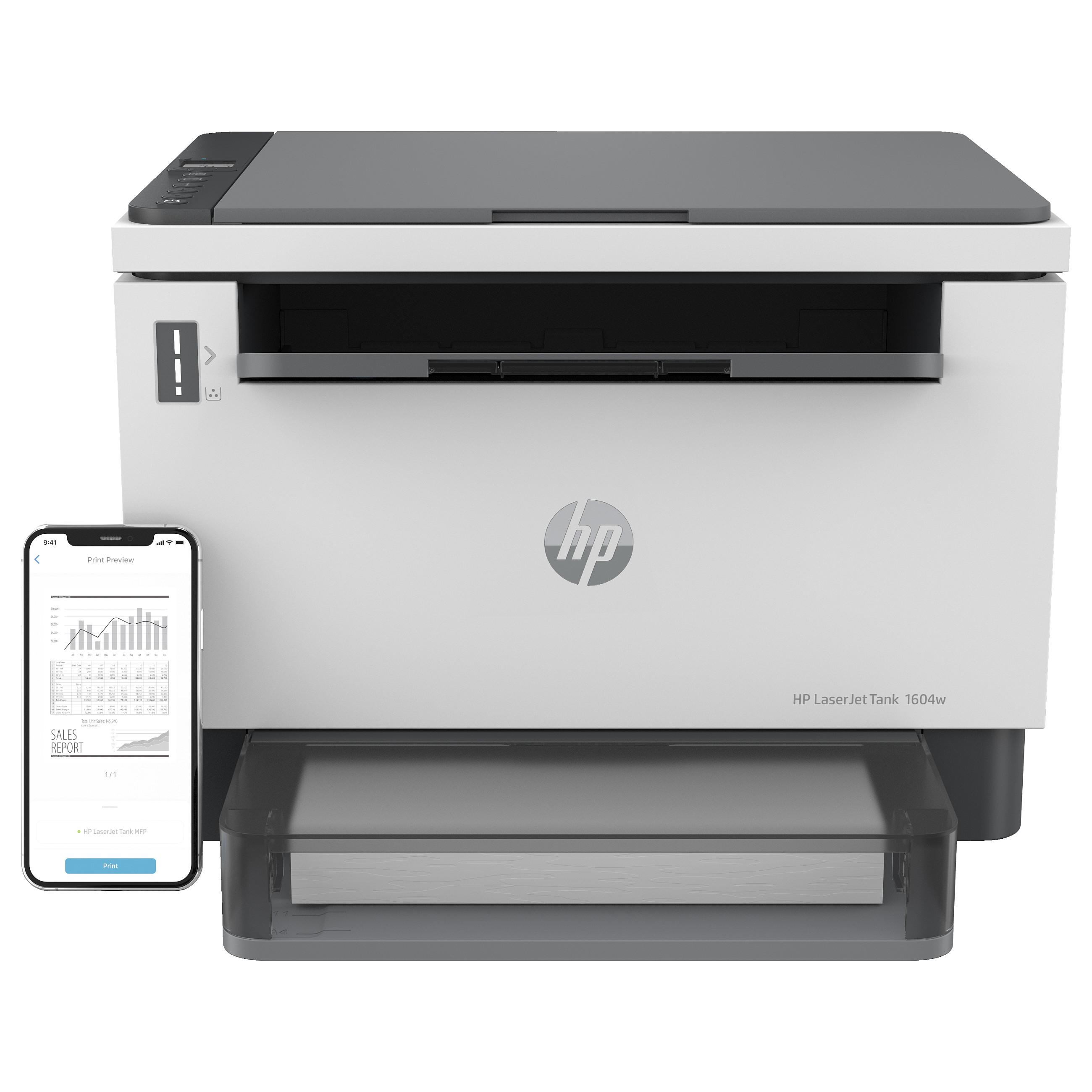 HP LaserJet Tank MFP 1604w - Multifunktionsprinter - S/H - laser - 216 x 297 mm (original) - A4/Legal (medie) - op til 14 spm (kopiering) - op til 22 spm (udskriver) - 150 ark - USB 2.0, LAN, Wi-Fi(n), Bluetooth