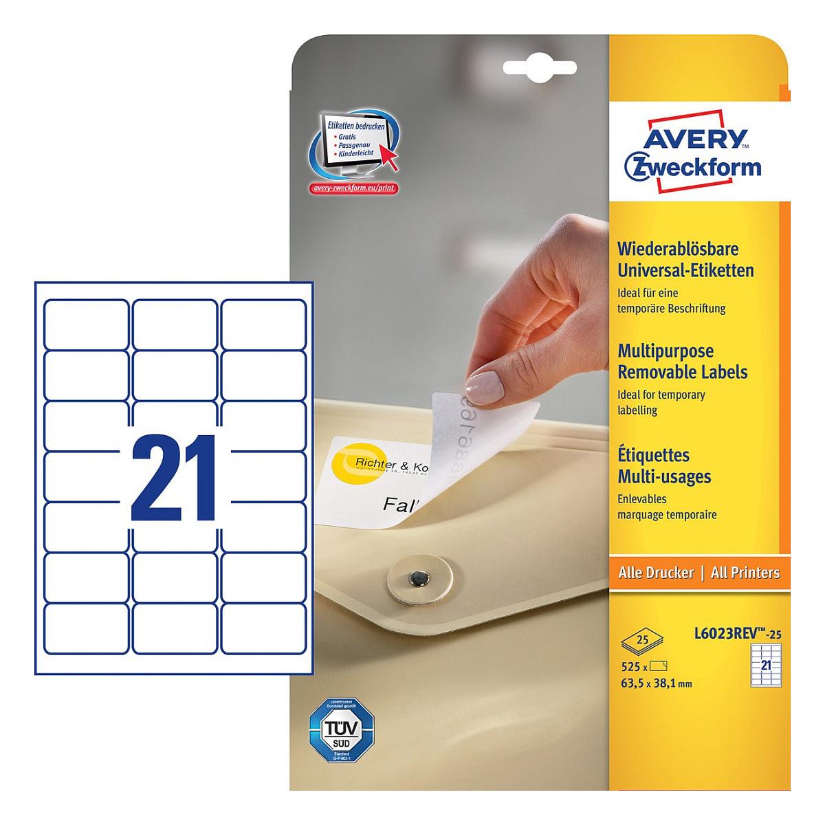 Etiketter Avery Zweckform L6023REV-25 - hvid 63,5 x 38,1 mm