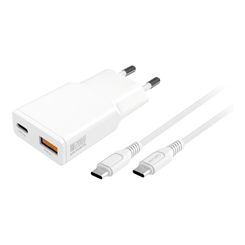 Mobiloplader 4smarts PDPlug Duos Slim 20W USB-C/USB-A med USB-C-kabel - hvid
