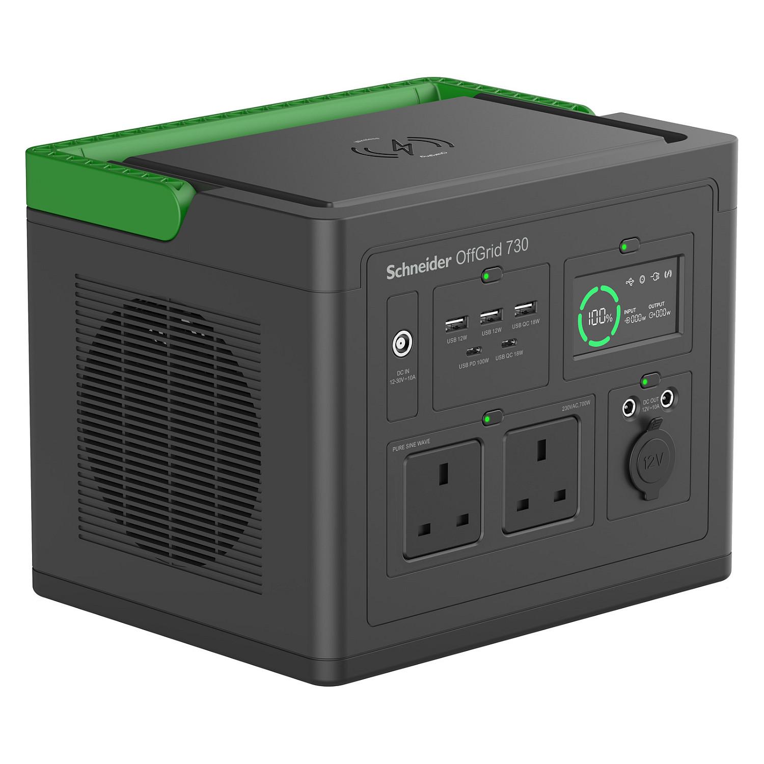 Schneider OffGrid 730 - Transportabel strømstation - LCD, 2 BS1363 stik, sinuskurve, 3 USB-A, 2 USB-C, trådløs oplader - AC 190 - 265 / DC 12 -30 V - 700 Watt - Litiumion - 738 Wh - output-stikforbindelser: 2 - United Kingdom - sort, grøn