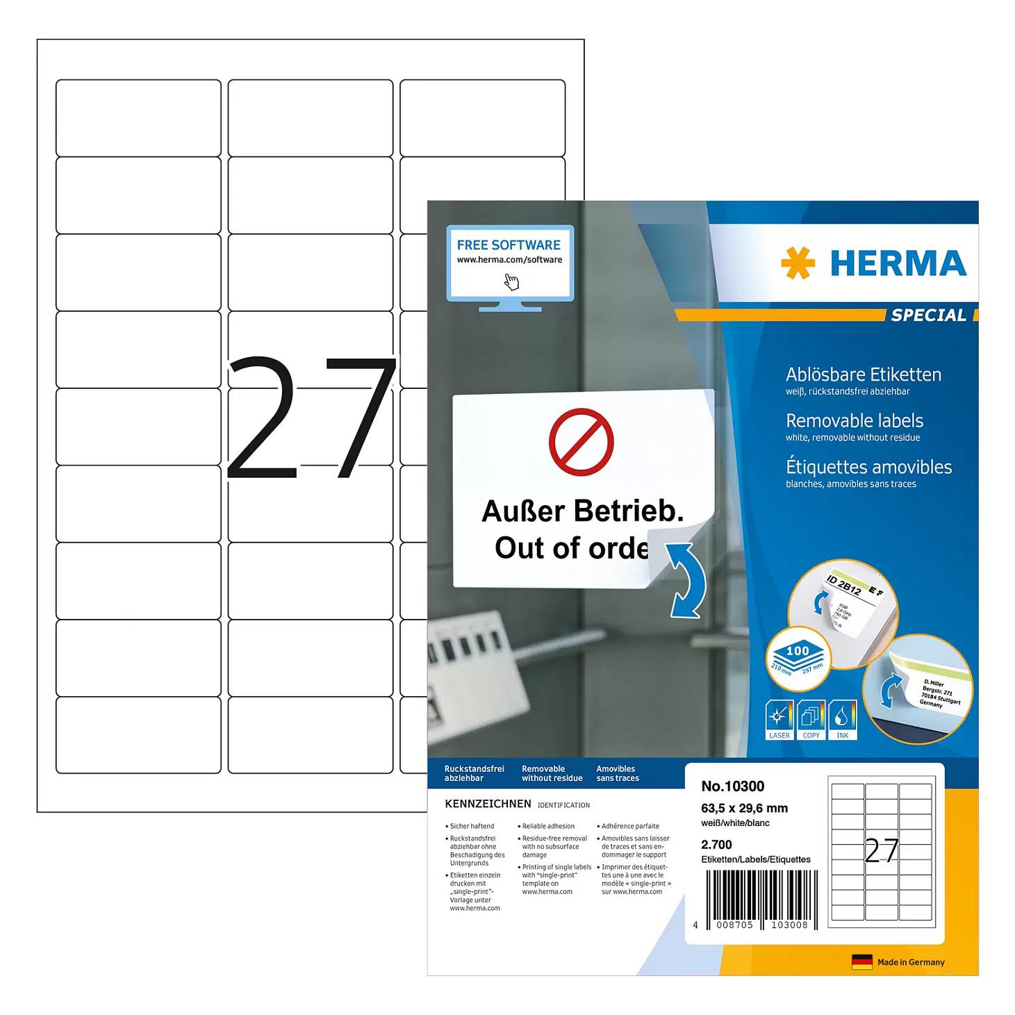 HERMA Special - Papir - mat - aftagelig selvklæbende - hvid - 63.5 x 29.6 mm 2700 etikette(r) (100 ark x 27) etiketter